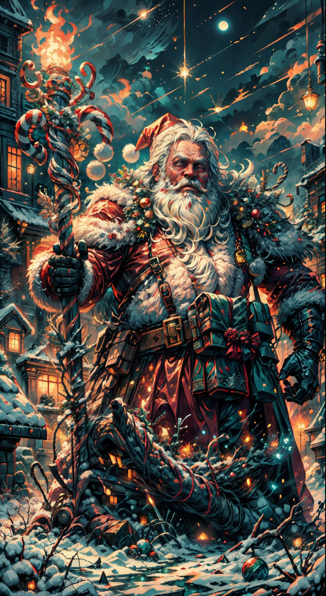 Full body,(a detailed artwork), Santa Claus as boss of game Dark Souls in the Christmas DLC, detailed eyes of Santa Claus, detailed lips of Santa Claus, extremely detailed face and beard, long white beard, muscular body of Santa Claus, wearing gold armor, holding a giant candy cane as a weapon, surrounded by a dark and gloomy environment with glowing Christmas lights, intense boss fight with fiery effects and explosions, high-resolution image (4k, 8k), HDR lighting, realistic portrayal, vibrant colors, atmospheric and ominous feel, intense action-packed scene.