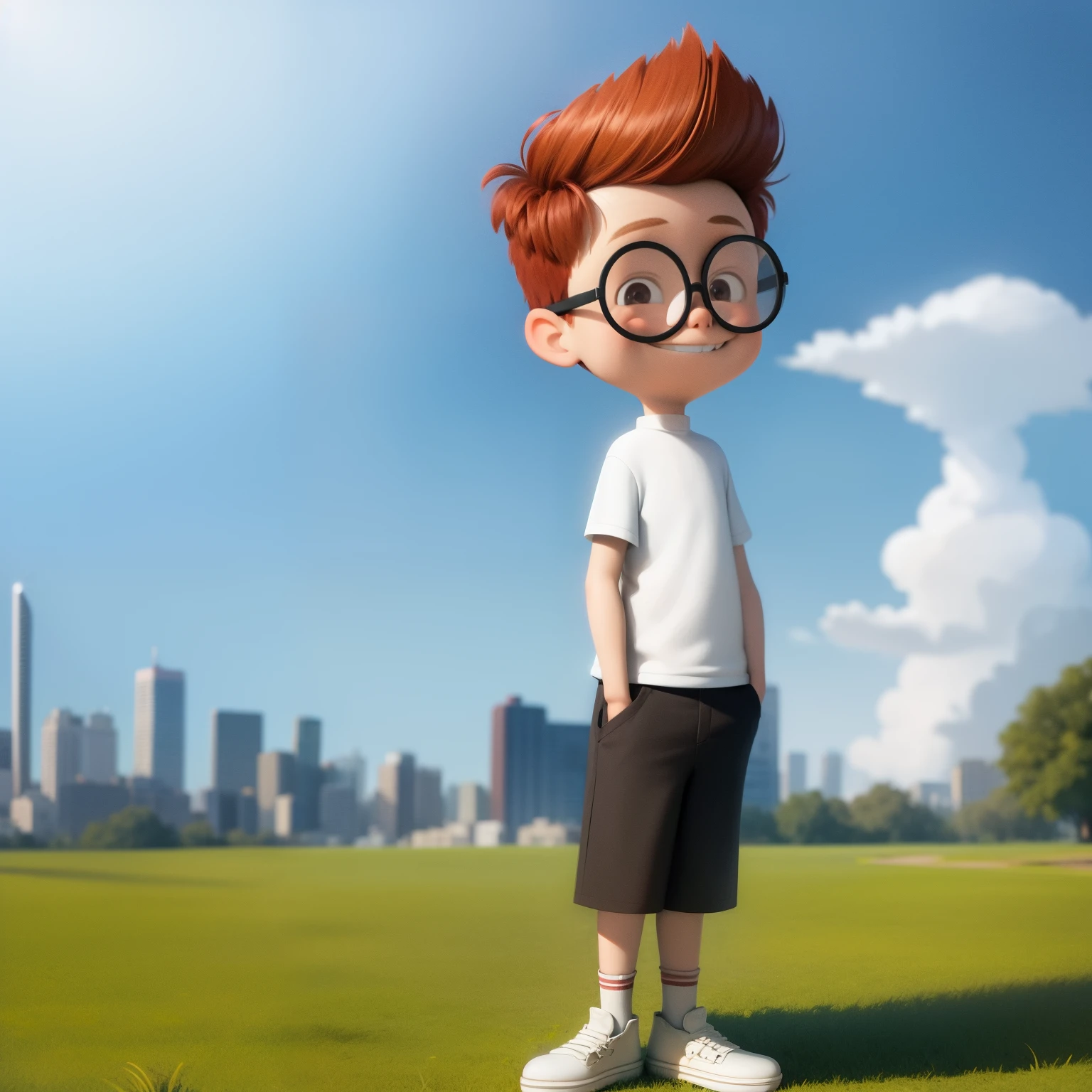 1boy, full body, solo,child, sherman,red hair,glasses, white shirt, black shorts, hand in pockets, smile, cute smile, closed mouth, scenery, clouds, sunlight, looking at viewer, (central park)