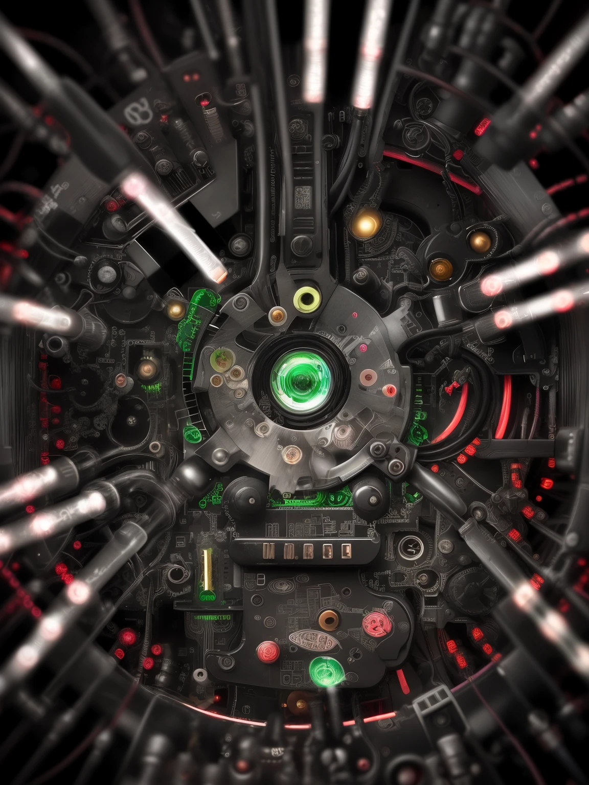 A Surreal Dreamland,black and white manga style,Manhwa Style,steampunc,CPU,screw,diodes,Spotlights,Red wires,electrical wires,green wire,black wire,glass button,metal switch,Neat and symmetrical,clean linework,minimal style,no shadow,Titanium,very high res,Wallpapers,Add details,Clarity enhancement,Detail enhancement,Macro camera,Background bokeh/bokeh
