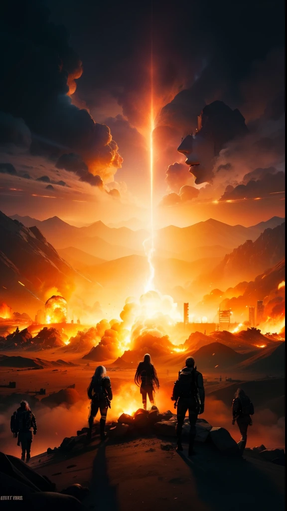 The 100 series poster, explosion along, silhueta de 5 pessoas; silhueta de 2 mulher e 3 homens