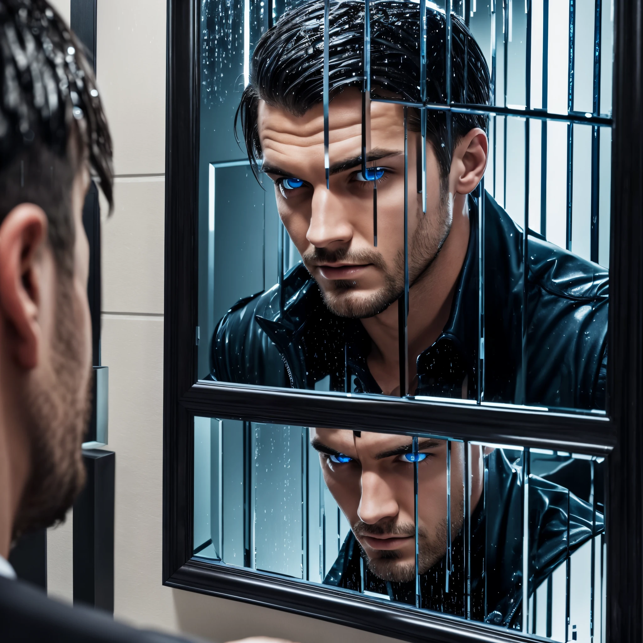 Guy with black blue eyes, in rain looking through mirror seeing reflection of himself, the person in the reflection looks evil and the guy has his eyes wide scared of his reflection