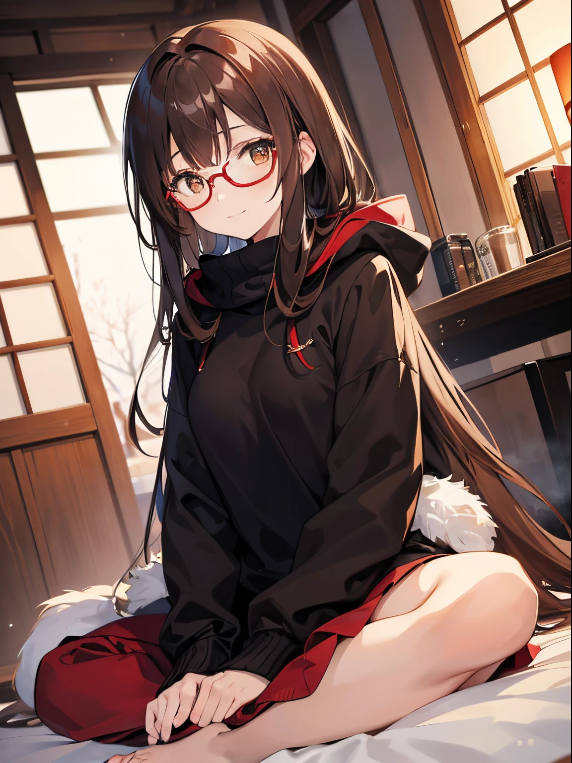 girl with,Brown hair,Amber eyes,length hair,top-quality,Red Frame Glasses,Pupils,Winters,Black sweater,hoods,Gentle smile,A room in a ryokan,sitting together,relax,Trip
