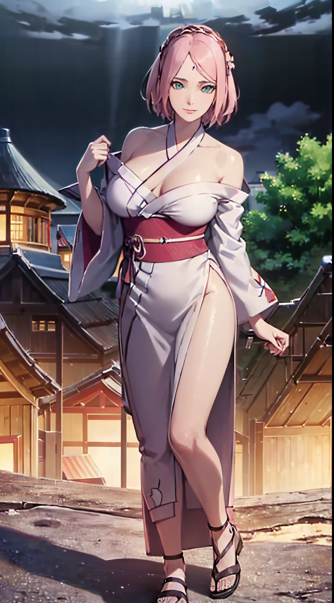 ((((tmasterpiece, Best quality at best, A high resolution)))), Extremely detailed 8K, Beautiful girl with slim figure, (hyper HD, ultra - detailed, The is very detailed, Highly realistic, Surreal, Shoot real), (1个Giant Breast Girl:1.5), (Camera dynamic poses, light  smile, average, Chopping, (beautiful  detailed face, Beautiful and detailed off-shoulder yukata, summer festival background, view over city, the street, Night light, during night