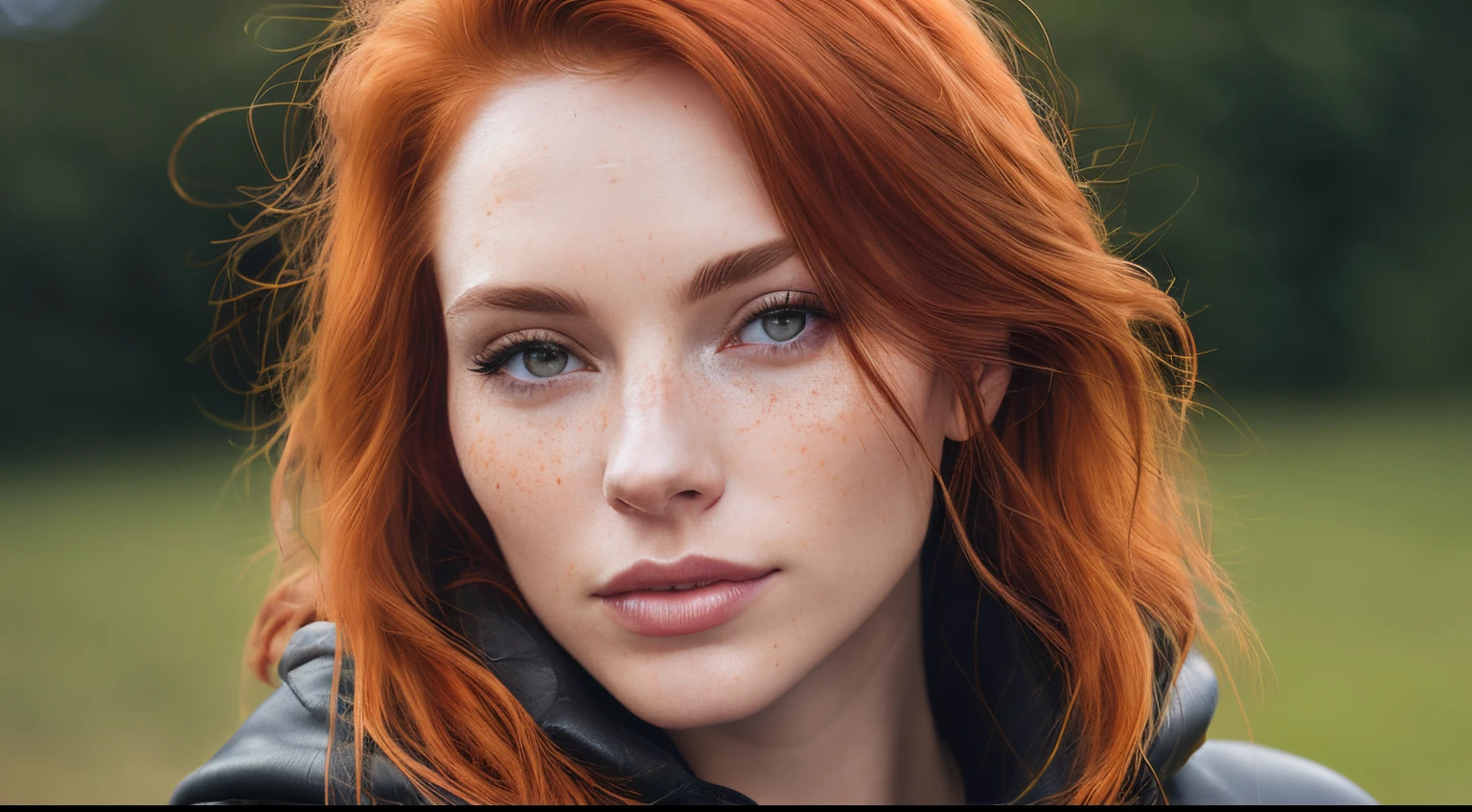 a photo of a seductive woman with loose styled (redhead hair:1.1), bored, she is wearing a hoodie and black leather jacket and leggings, mascara, (textured skin, skin pores:1.1), (moles:0.8), imperfect skin, goosebumps, flawless face, (light freckles:0.9), (sun-kissed:1.1), ((photorealistic):1.1), (raw, 8k:1.3),