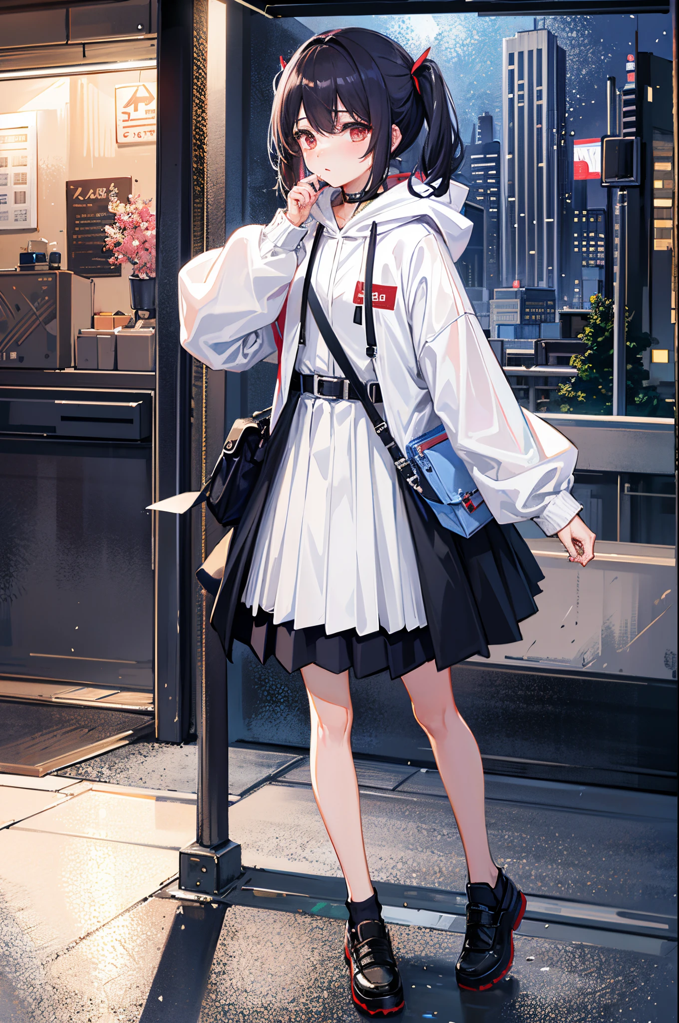 （tmasterpiece，Best quality：1.3），extremly high detail，复杂，8K，Alone，The expression is sad，Wallpapers，电影灯光，hoody， Short pleated skirt， the street， allure，heavy rain poured， neonlight