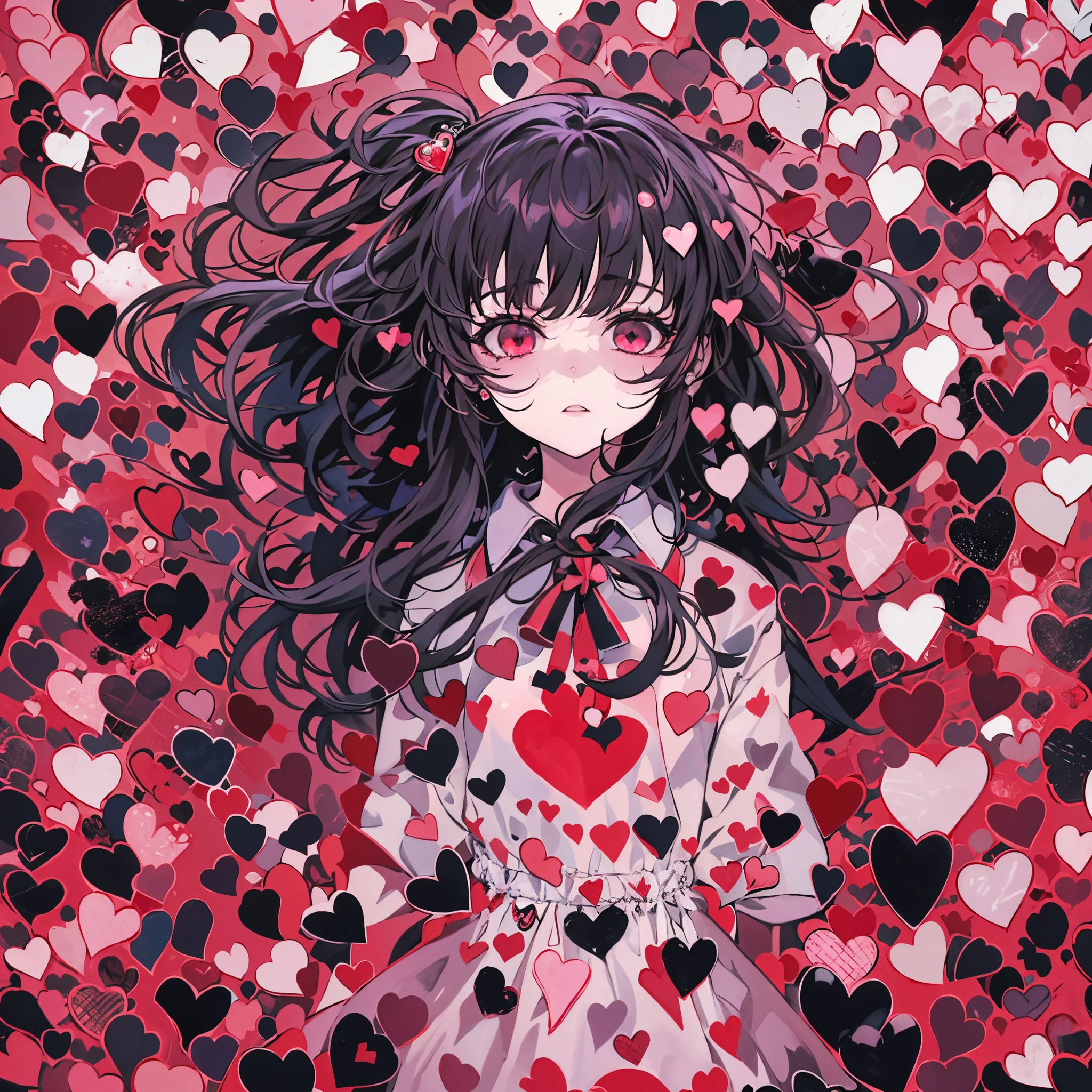 Anime-style, jirai-kei yandere girl, shocking pink and black, hearts overflowing, heart-shaped hole, heart tessellation, ultra-miniature painting, contrast of innocence, danger, emotional overflow, vivid colors, whimsical, eerie.