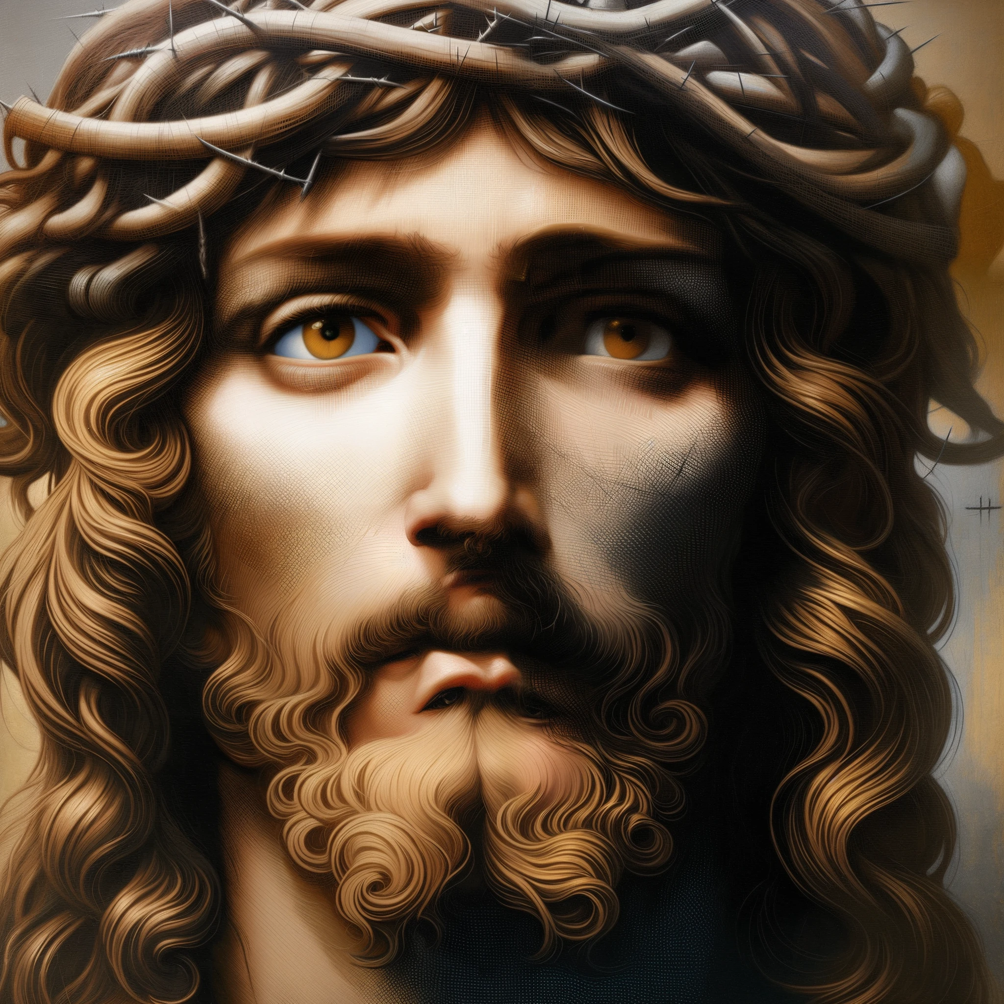 a close up of a painting of jesus with a crown of thorns on his head in the style of Leonardo da Vinci, portrait of jesus christ, jesus face, jesus christ, jesus of nazareth, jesus, baroque digital painting, renaissance digital painting, realistic 8k bernini sculpture, crown of thorns, christian art, catholic religious art,