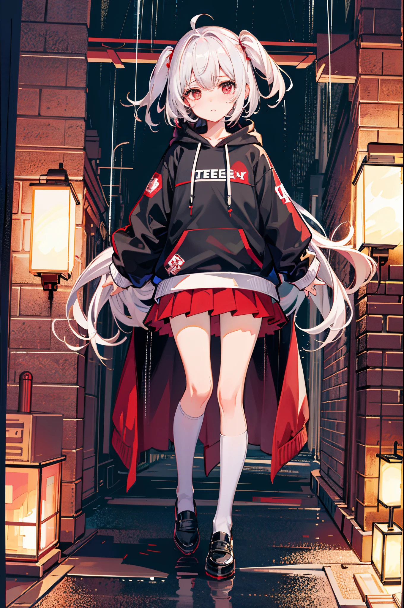 (tmasterpiece,Best quality:1.3),extremly high detail,复杂,8K,Alone,The expression is sad,Wallpapers,电影灯光,hoody, Short pleated skirt, the street, allure,heavy rain poured, neonlight
