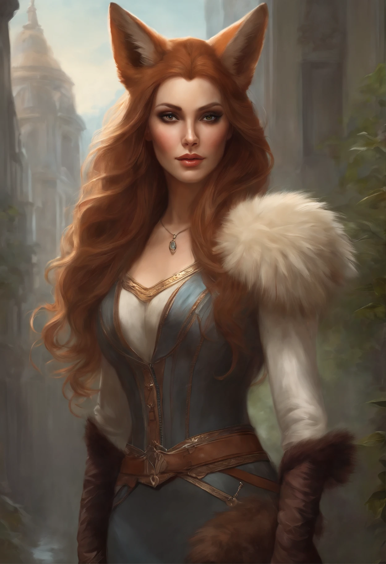 真实感, dark fantasy style, John Tolkien style, Small painting by Jean-Baptiste Monge, Close-up of a woman with a fox head and fur collar, fantasy concept art portrait, a beautiful fox lady, portrait of an elf queen, artgerm portrait, Drawn in artgerm style, artgerm detailed, alexandra fomina artstation, style artgerm, portrait of Ahri, aly fell and artgerm , Standing next to a motorcycle, The city, megalopolis, city trail, big house, glass skyscraper, Jean-Baptiste Monge, anthropomorphic --ar 2:3 --testp -optimistic;