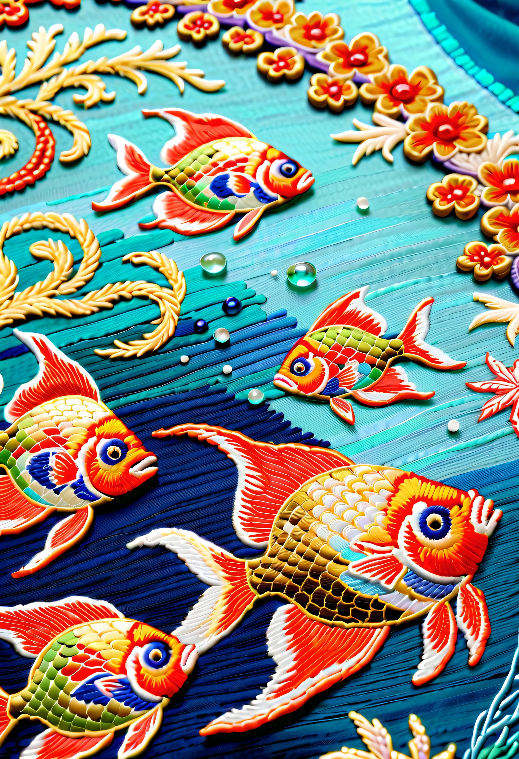 Detailed baroque fish embroidery, beautiful coral embroidery, Inspired by a girl in a kimono, sea design embroidery, inspired by pop fantasy, inspired by the sea, glass beads, Intricate and crazy embroidery, Best Quality, of the highest quality, intricate and delicate works of art,