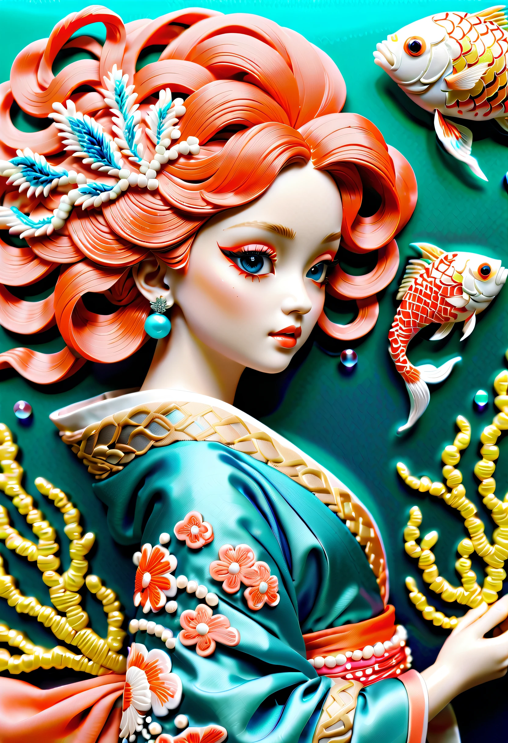 Detailed baroque fish embroidery, beautiful coral embroidery, Inspired by a girl in a kimono, sea design embroidery, inspired by pop fantasy, inspired by the sea, glass beads, Intricate and crazy embroidery, Best Quality, of the highest quality, intricate and delicate works of art,