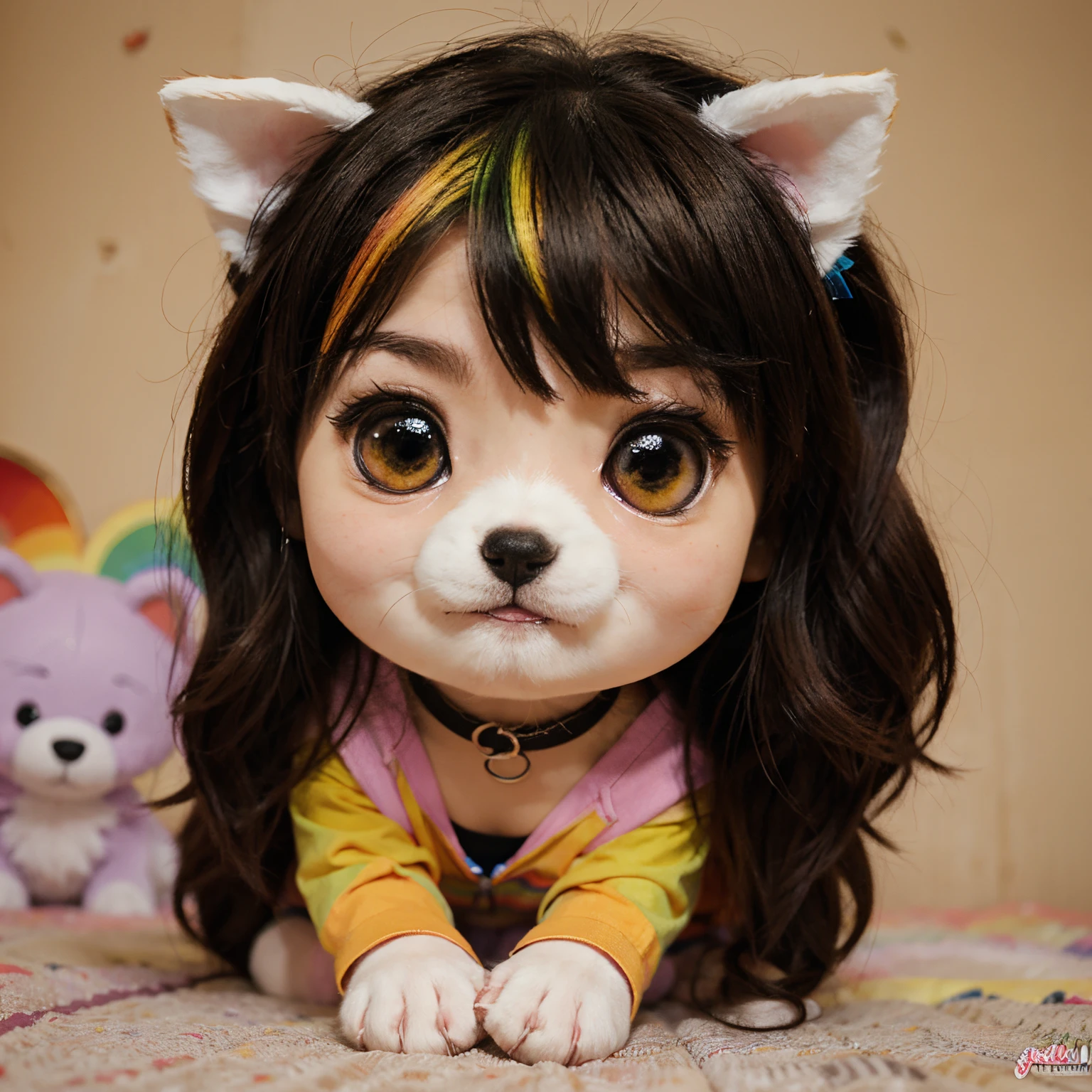 Create a chibi anime style rainbow colored puppy dog