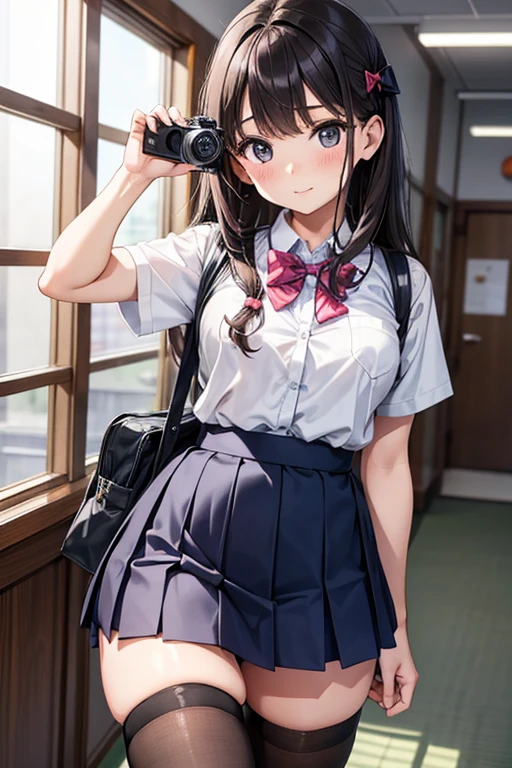 A woman wearing a skirt and bow tie taking a photo, hi-school girl, School Ribbon, Cute Schoolgirl, School Girl, Japan school uniform, High school girl posing, a japanese girl, dressed as schoolgirl, Japanese Models, wearing japanese school uniform, thighhighs and skirt