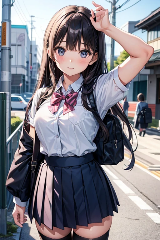 A woman wearing a skirt and bow tie taking a photo, hi-school girl, School Ribbon, Cute Schoolgirl, School Girl, Japan school uniform, High school girl posing, a japanese girl, dressed as schoolgirl, Japanese Models, wearing japanese school uniform, thighhighs and skirt