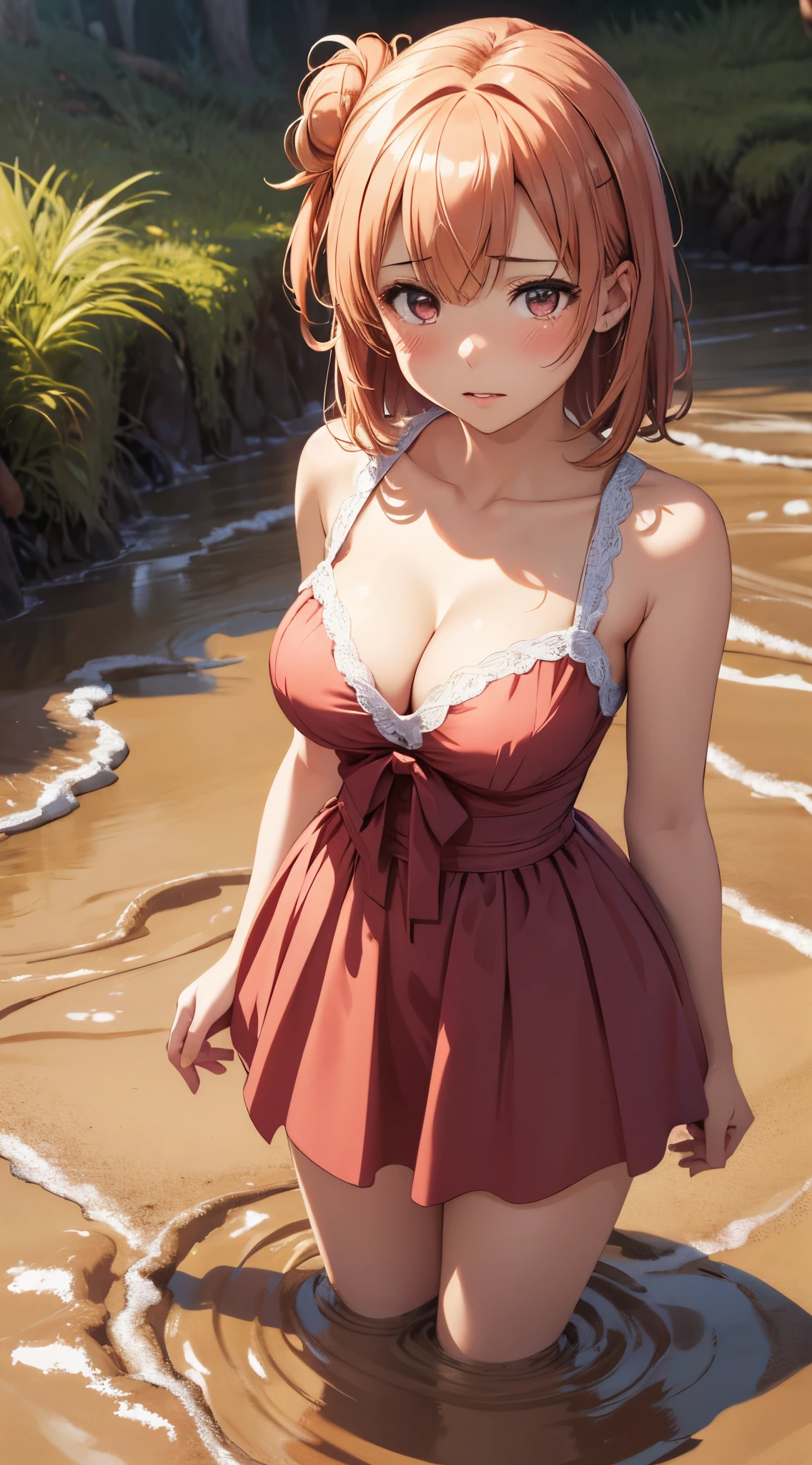 1girl, solo, masterpiece, best quality, high res, highly detailed, (illustration), beatiful detailed eyes, yuigahama yui, single hair bun, glossy lips, light makeup, standing, dress, cleavage, (tears), (quicksand:1.3)
