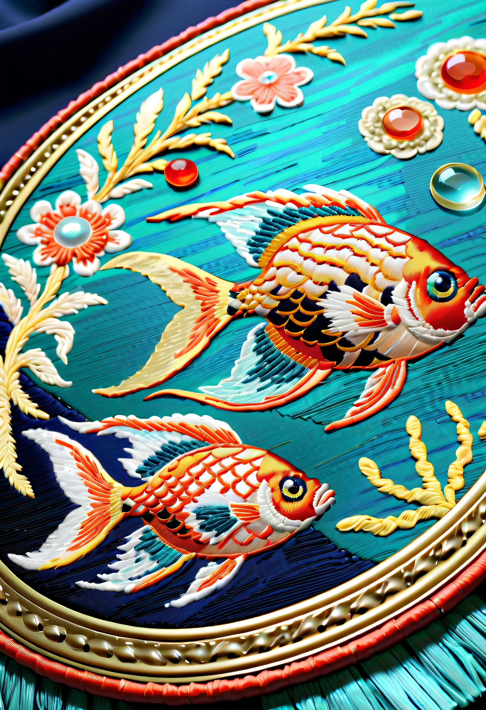 Detailed baroque fish embroidery, beautiful coral embroidery, Inspired by a girl in a kimono, sea design embroidery, inspired by pop fantasy, inspired by the sea, glass beads, Intricate and crazy embroidery, Best Quality, of the highest quality, intricate and delicate works of art,