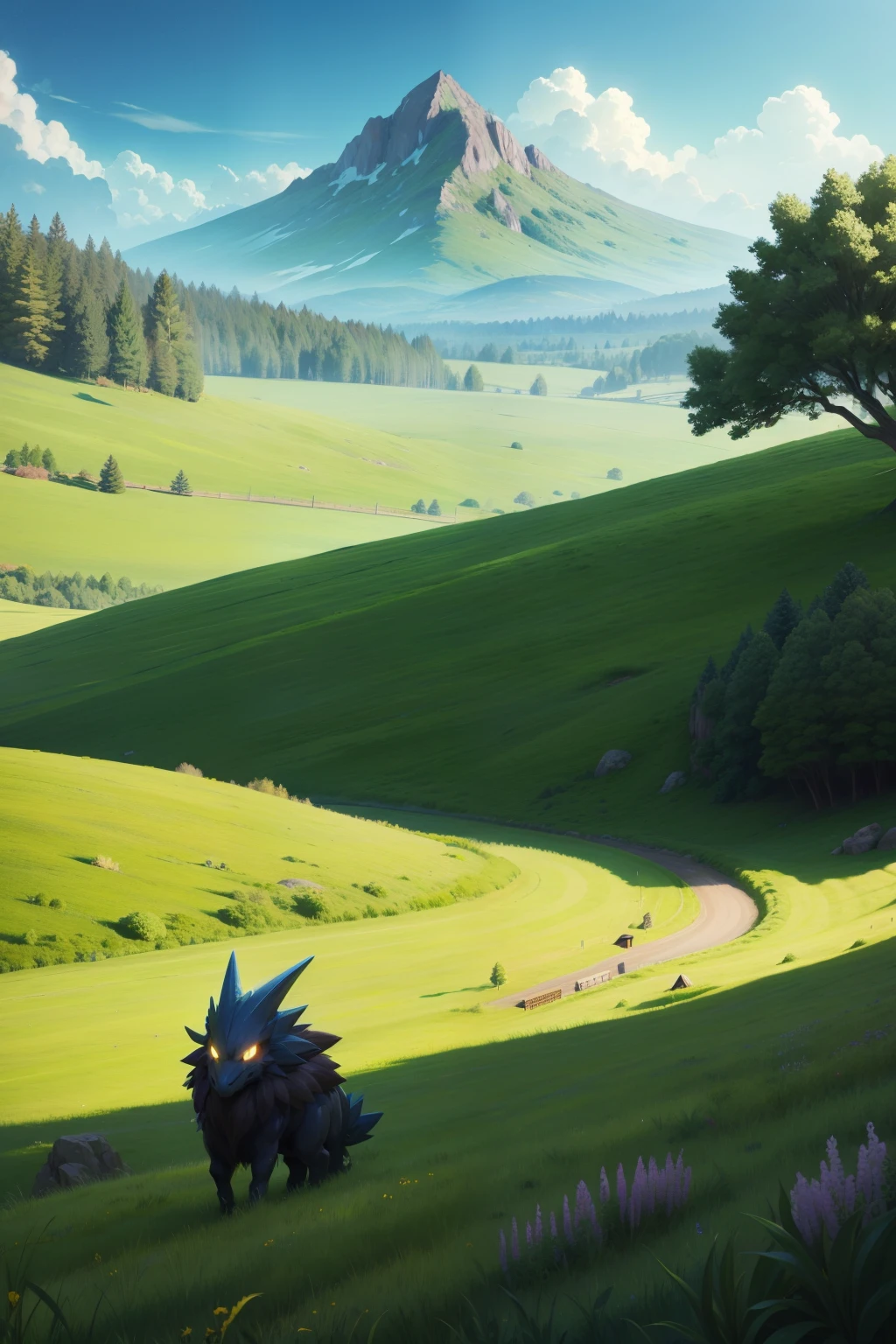 pokemon type monster for game. meadow in background. grass type monster.