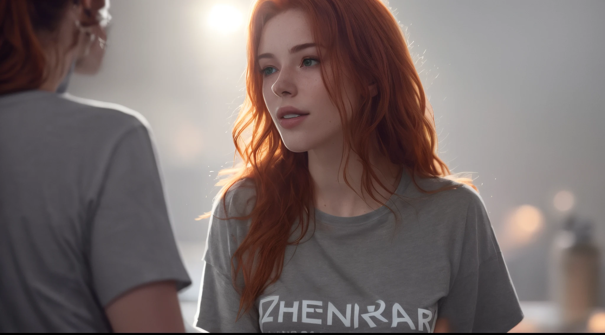 a photo of a seductive woman with loose styled (redhead hair:1.1), happy, in the club,  she is wearing a t-shirt and gray pant, no makeup, (textured skin, skin pores:1.1), (moles:0.8), imperfect skin, goosebumps, flawless face, (light freckles:0.9), (sun-kissed:1.1), ((photorealistic):1.1), (raw, 8k:1.3),