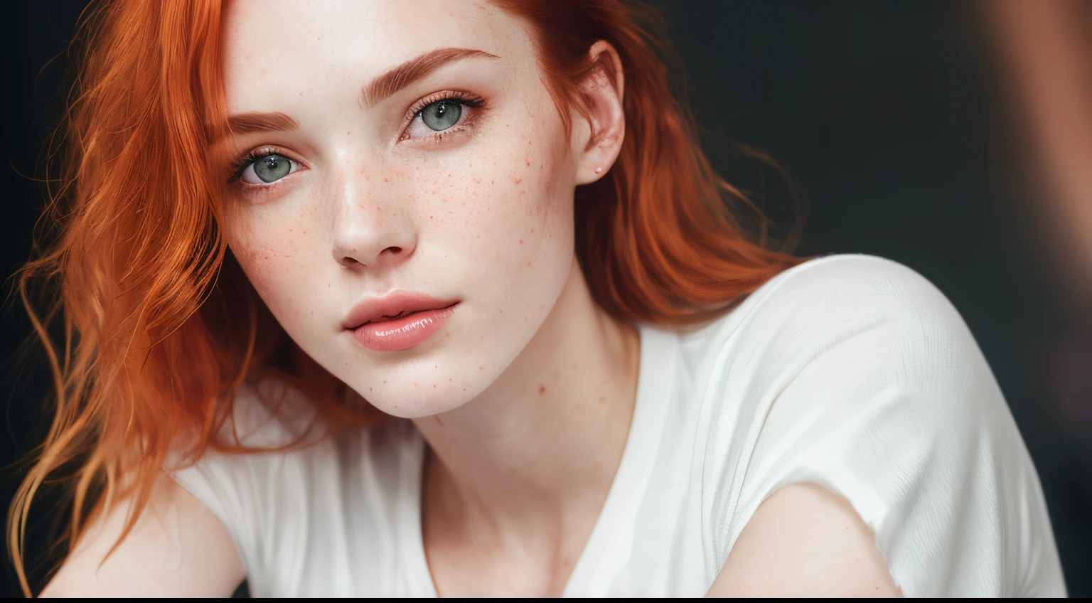 a photo of a seductive woman with loose styled (redhead hair:1.1), enjoyed, in club, she is wearing a white shirt, no makeup, (textured skin, skin pores:1.1), (moles:0.8), imperfect skin, goosebumps, flawless face, (light freckles:0.9), (sun-kissed:1.1), ((photorealistic):1.1), (raw, 8k:1.3),