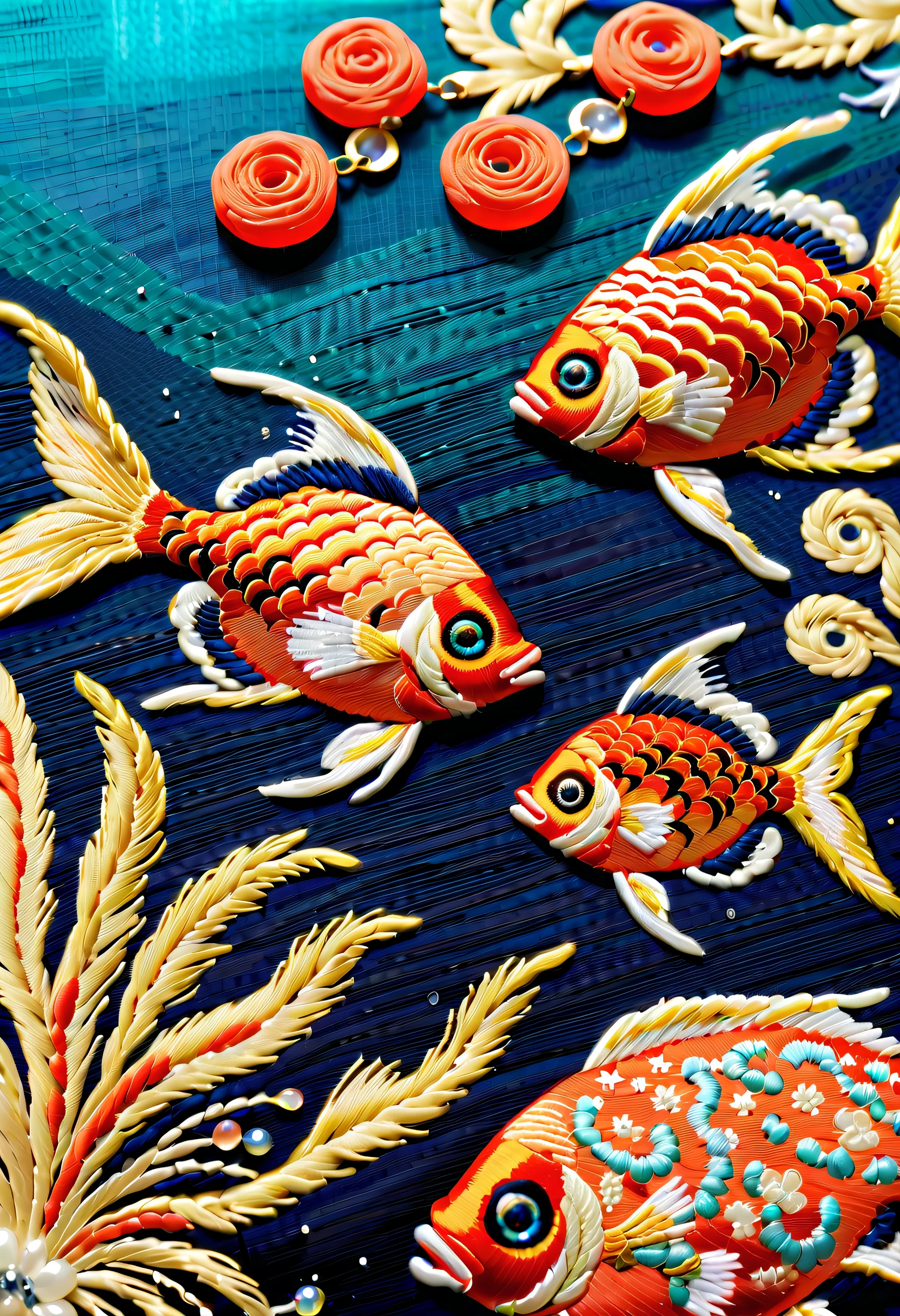 Detailed baroque fish embroidery, beautiful coral embroidery, Inspired by a girl in a kimono, sea design embroidery, influenced Edouard Manet, inspired by the sea, glass beads, Intricate and crazy embroidery, Best Quality, of the highest quality, intricate and delicate works of art,