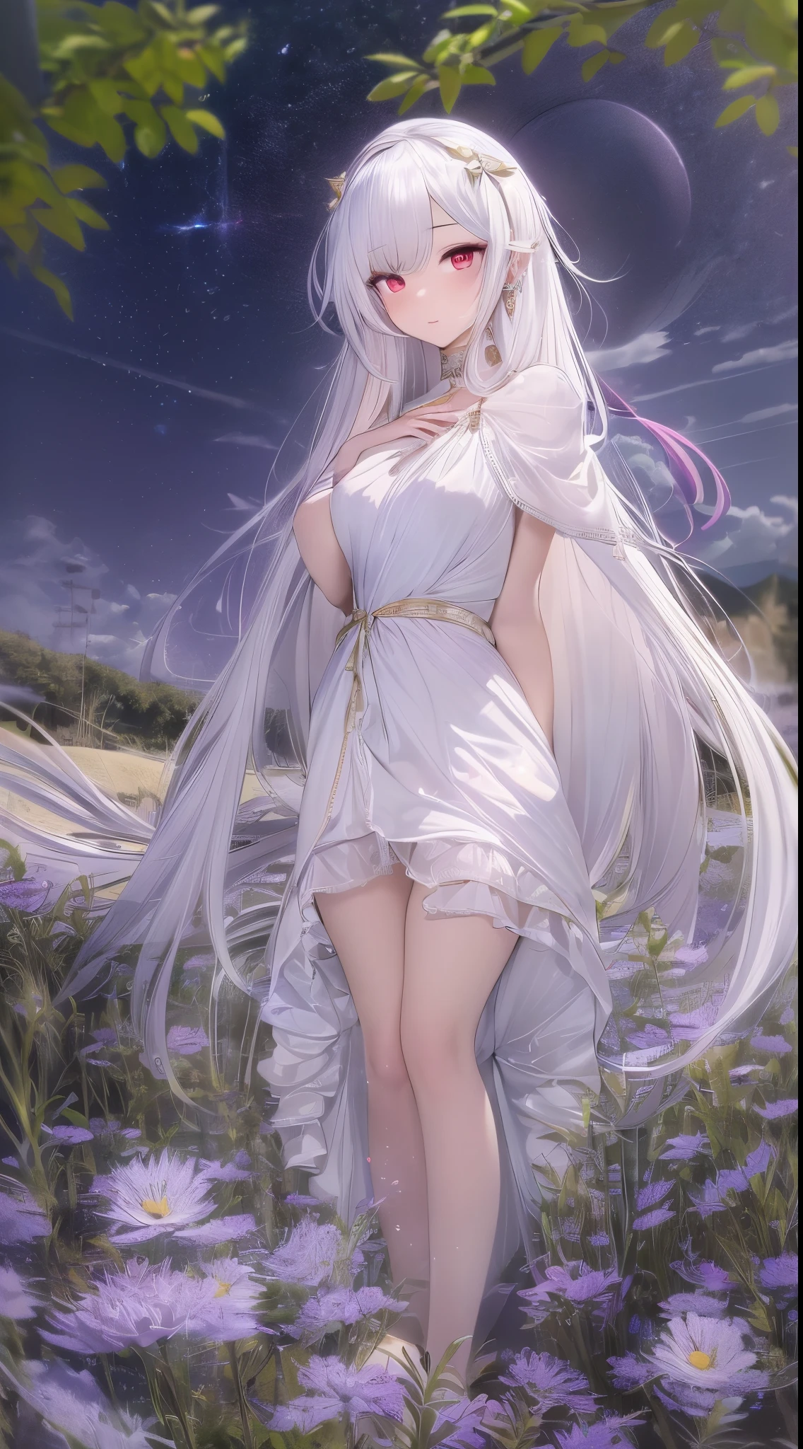 highres, highest quallity, cinematic light, ultra detailed, detailed face, (detailed eyeest quality, hyper detailed, masterpiece, (detailed face),1girl, girl,red eyes, highest details, luminous eyes, high breats, sitting, full moon, backlighting, light rays, (high contrast), (colorful),Voluptious body, Good anatomy,iintricate,long hair,in spring,night,Alps,flowers meadows,hyper_galaxy,starry_sky,cloud,no_wings,bishoujo,light_blush,slit_pupils,slender_waistseductive_smile,absurdres,Gorgeous white formal dress,intricate details,detailed face and eyes,Gorgeous jewelry ornaments,Very Long voluminous Hair,perfect lighting,white hair,鎖骨,Ray traching,ctextured skin,high detal,Best quality 4K,pastelcolor,Fairy skin,white-haired god,perfect white hair girl,mature face,Bare legged,