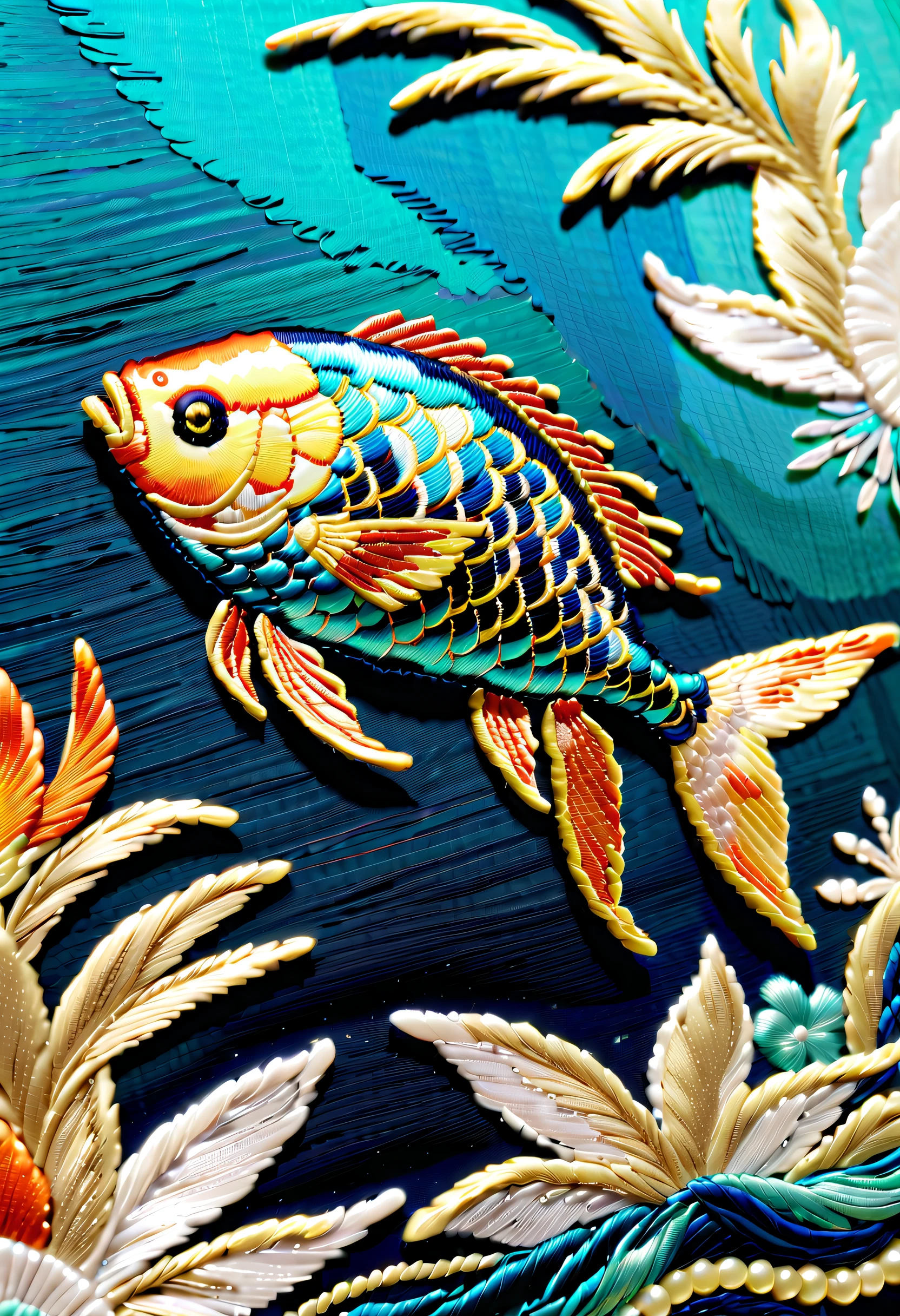 Detailed baroque fish embroidery, Inspired by a girl in a kimono, sea design embroidery, influenced Edouard Manet, inspired by the sea, glass beads, Intricate and crazy embroidery, Best Quality, of the highest quality, intricate and delicate works of art,