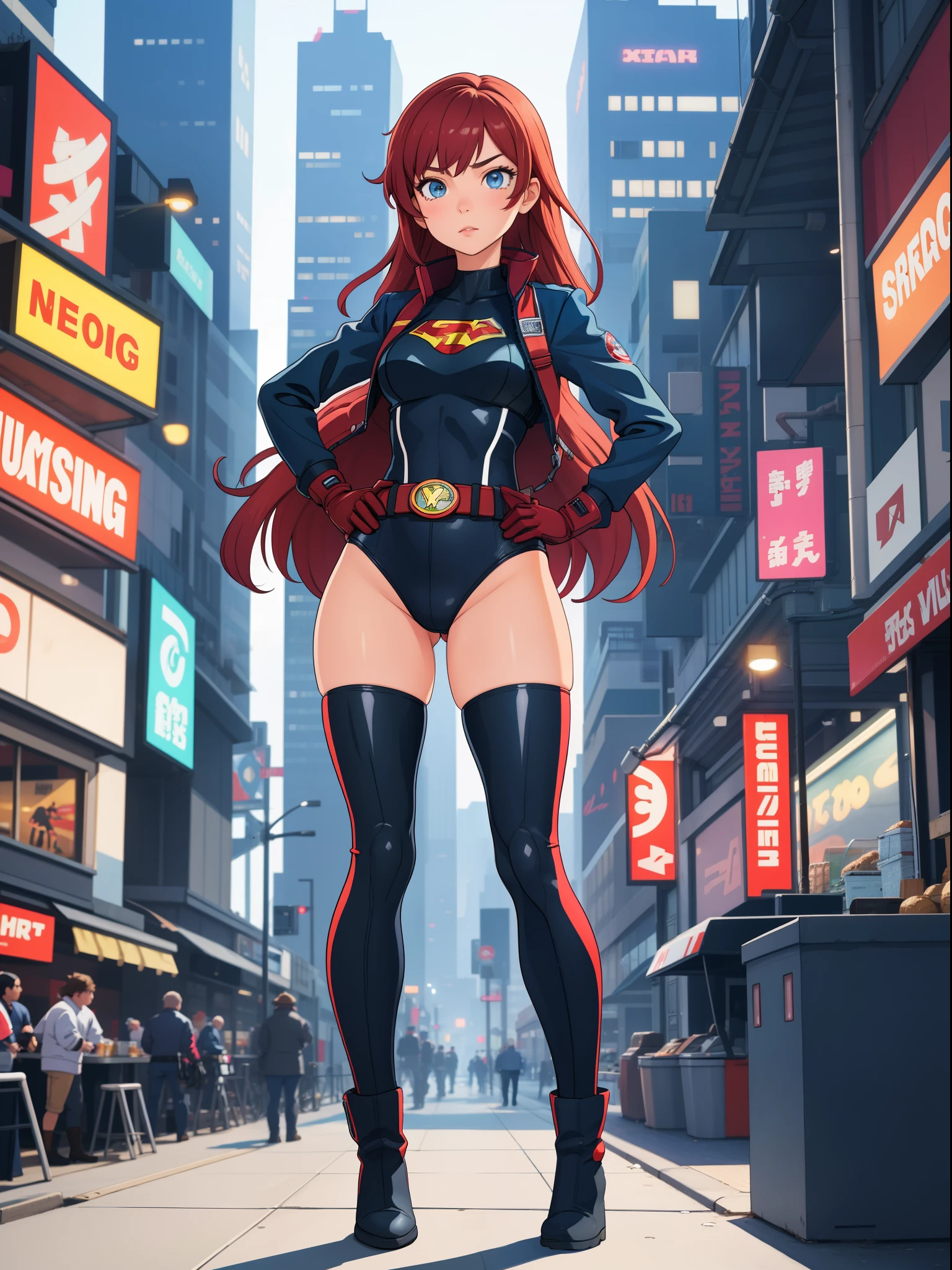 1girl, medium breasts, leotard, bare legs, tight belt, boots, matching boots, gloves, city backdrop, solo, single, hands on hip, standing, full body shot, cowboy shot, superhero, beautiful detailed eyes, mature lady, star symbol on chest, red hair, high leg leotard