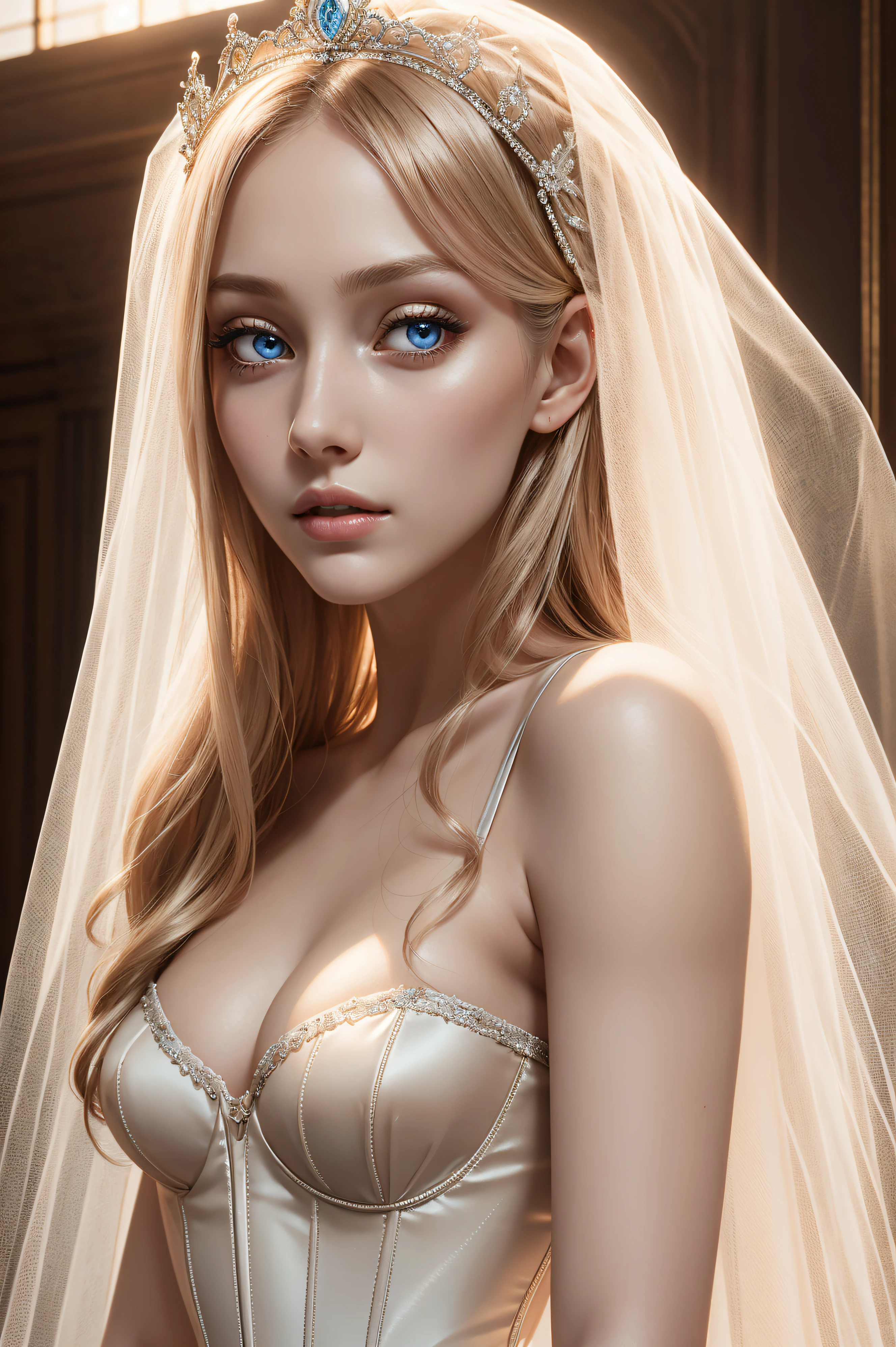 Phoebe Dynevor, wearing nude veil bride tiara corset sexy clothes transparent. professionally retouched, soft lighting, realistic, smooth face, perfect eyes, sharp focus on eyes, 8 k, high definition, insanely detailed, intricate, elegant. in a natural background.