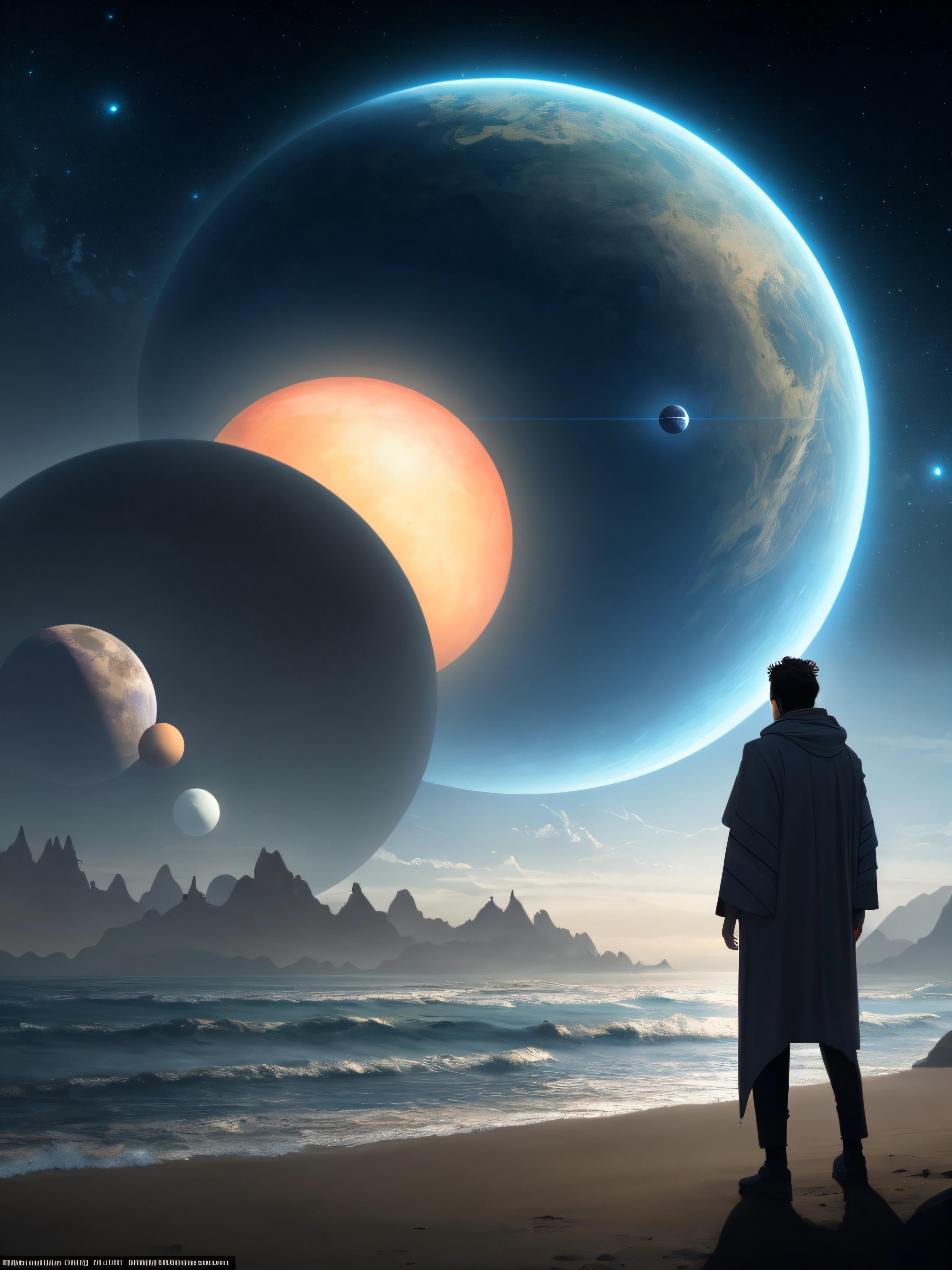 There was a man standing on the beach looking at the planets, matte painting of human mind, Surreal matte painting, depicted as a scifi scene, science fiction digital art, surreal concept art, Sci-fi digital art illustration, sci fi epic digital art, epic fantasy sci fi illustration, Sci-fi fantasy wallpaper, Surreal 8K, Luxurious matte spray paint