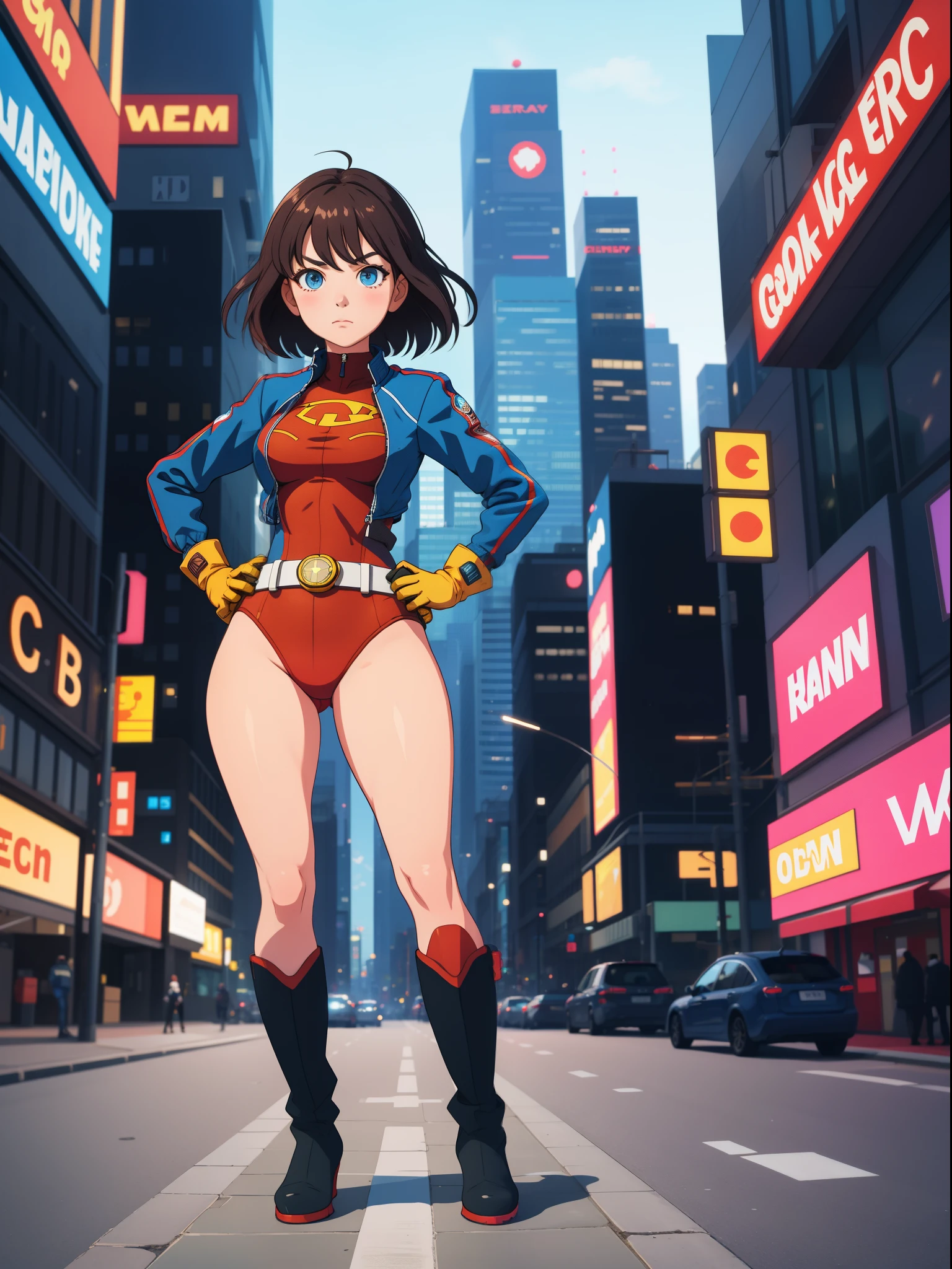 1girl, medium breasts, leotard, bare legs, tight belt, boots, gloves, city backdrop, solo, single, hands on hip, standing, energy emitting from her body, full body shot, cowboy shot, superhero, beautiful detailed eyes, power