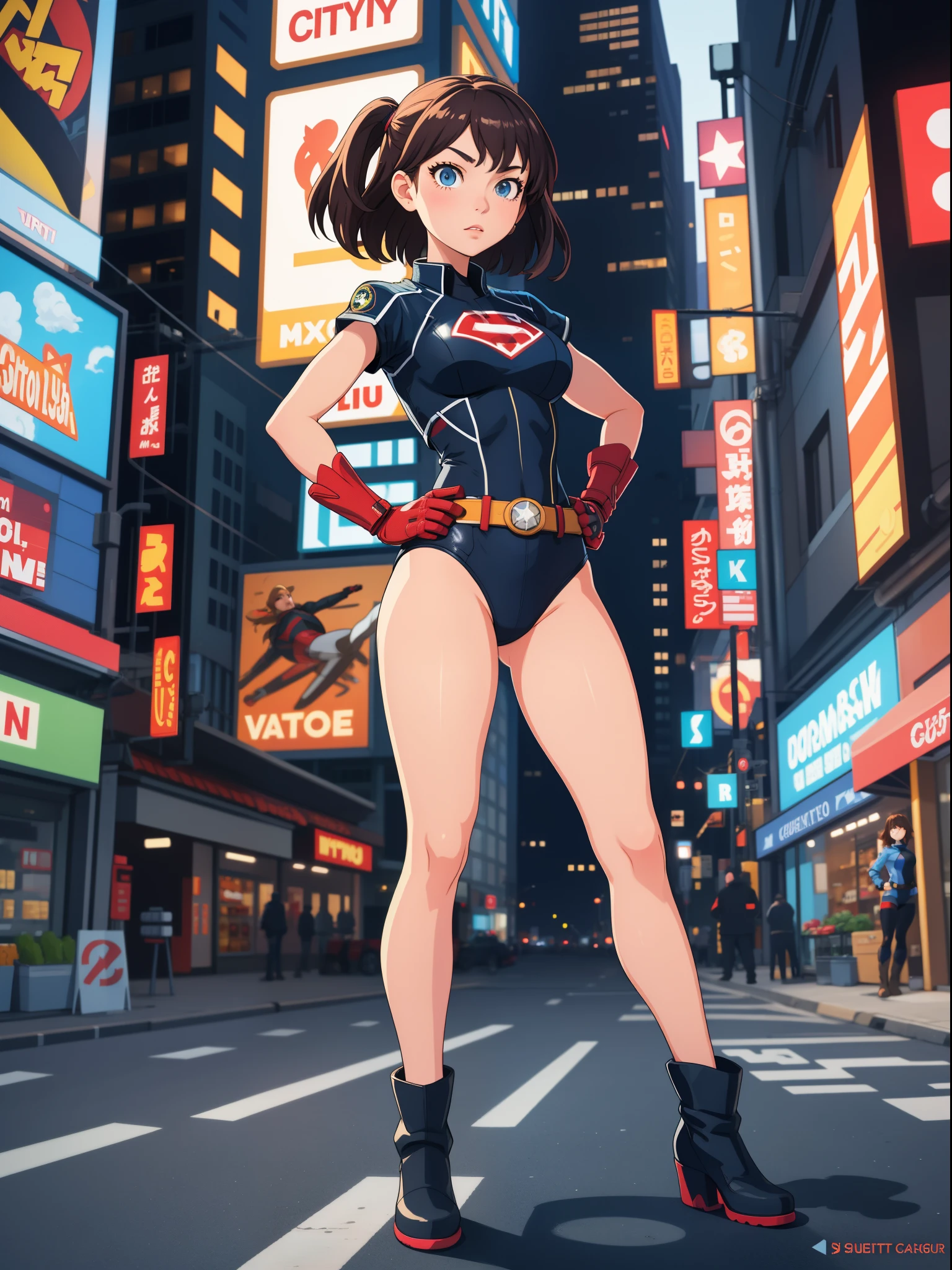 1girl, medium breasts, leotard, bare legs, tight belt, boots, gloves, city backdrop, solo, single, hands on hip, standing, energy emitting from her body, full body shot, cowboy shot, superhero, beautiful detailed eyes, power