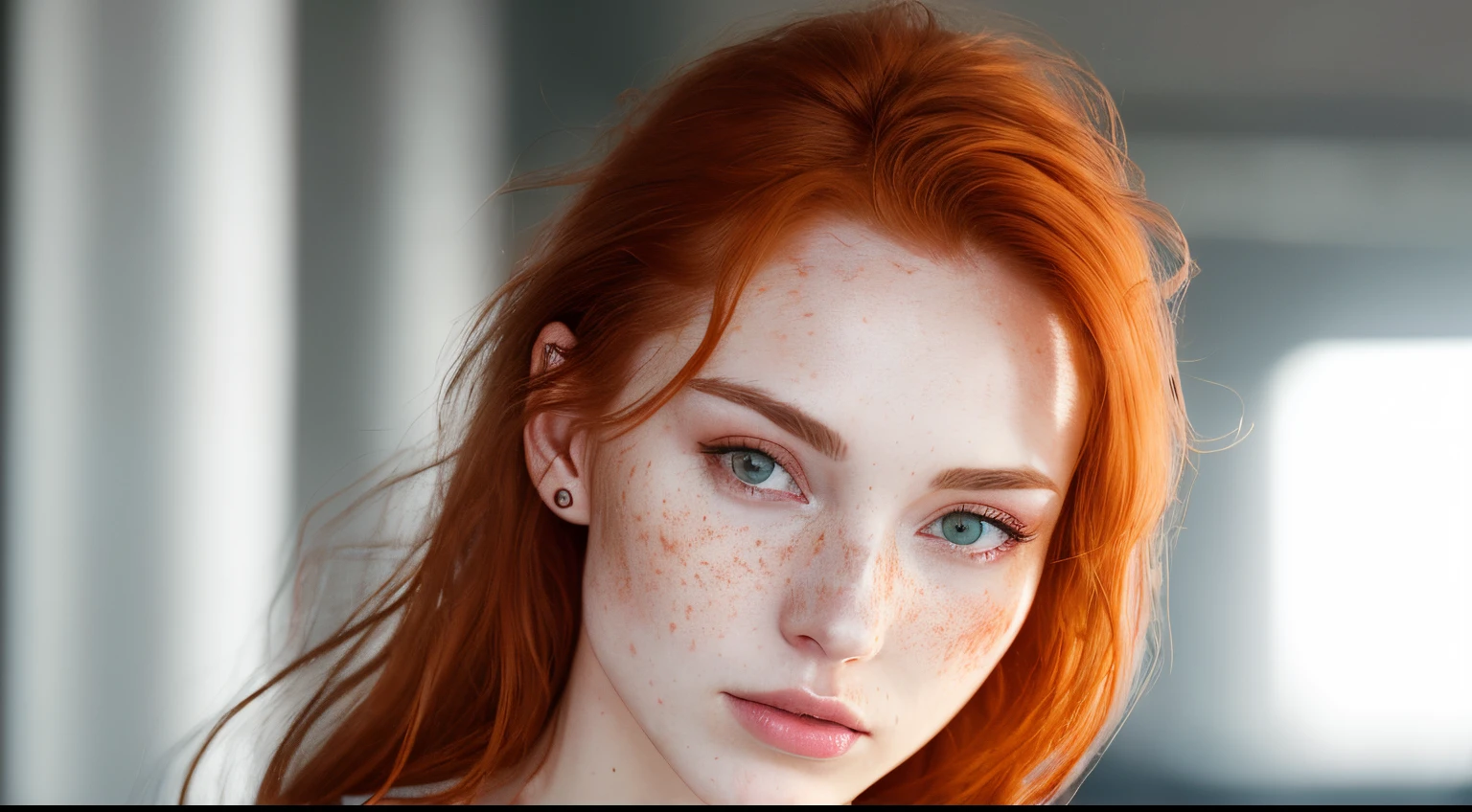 a photo of a seductive woman with loose styled (redhead hair:1.1), enjoyed, in club, she is wearing a white shirt, no makeup, (textured skin, skin pores:1.1), (moles:0.8), imperfect skin, goosebumps, flawless face, (light freckles:0.9), (sun-kissed:1.1), ((photorealistic):1.1), (raw, 8k:1.3),