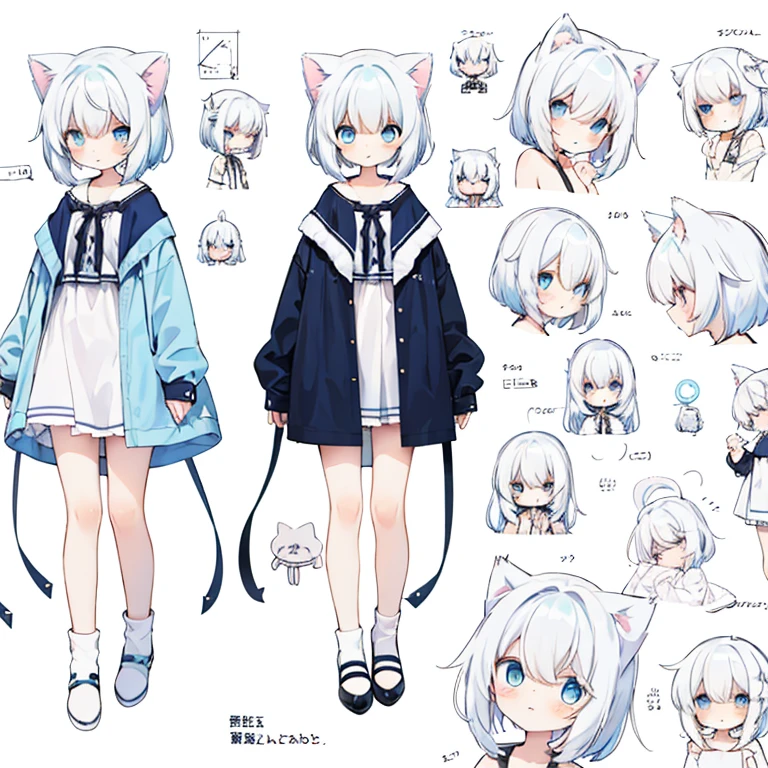 Full-body diagram,normal,1 very cute loli girl with cat ears,white hair,light blue eyes