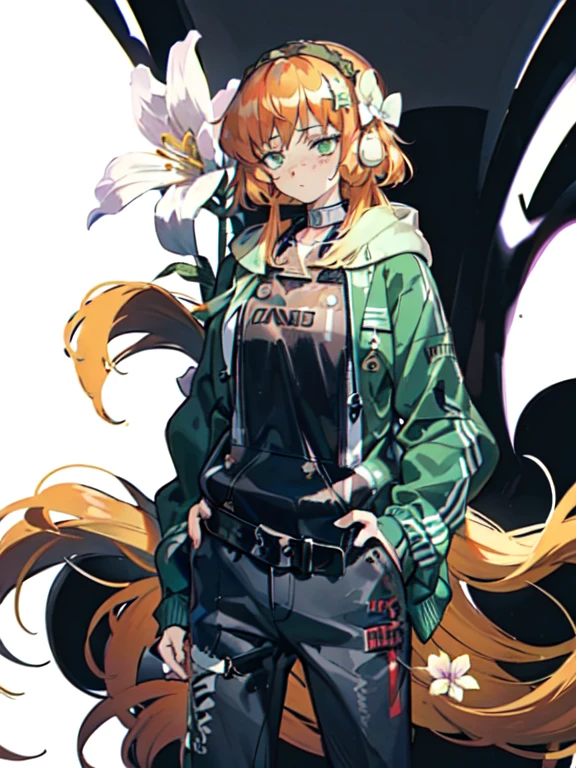 original outfit, 1girl, Tired expression on his face, extra very long hair, Bronze Hair, Green eyes, black hairband with white flower on left side, exteriors, (hoodie:1.3), Headphones around the neck, urban landscape, Cowboy shot, hands in pocket,