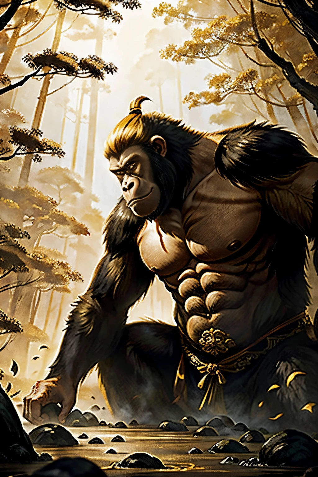 ln the forest,giant ape,Like people,Golden hair,Ferocious,atrocious,Chinese Ancient Times,Classical ink painting,Faraway view