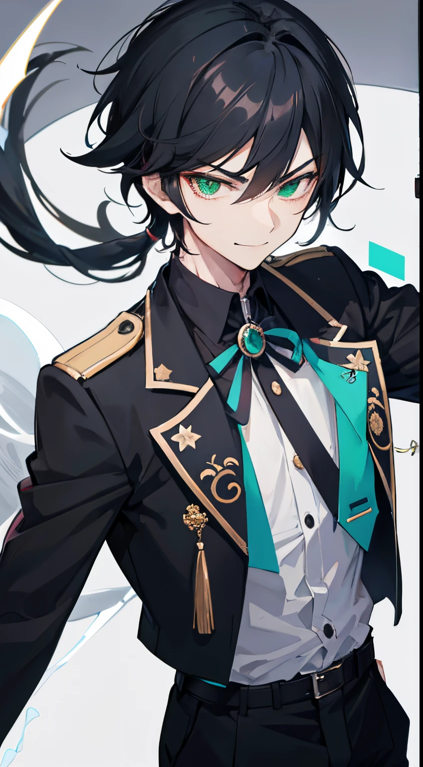 A man, solo, gantleman, night, wearing a Korean high school uniform, black hair, Sharp hair, green eyes, badass, smirk, flow of magic surrounding his body