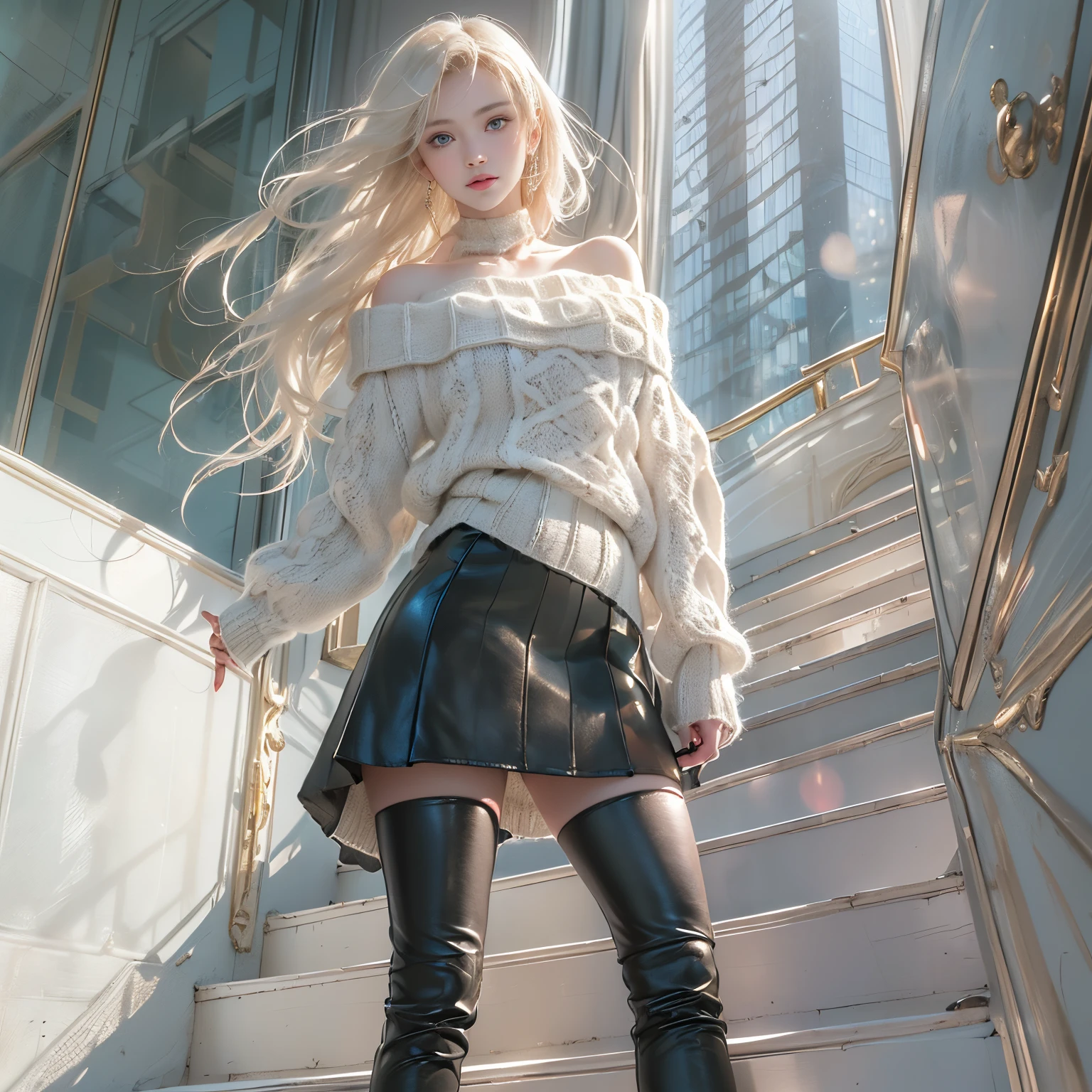 ((girl standing on the stairs in the office)),((posterior view))、((Looks Back))、、bright expression、Young shiny shiny white shiny skin、Best Look Rondo Reflective Light、Platinum blonde hair with dazzling highlights、shiny light hair,、Super long silky straight hair、Beautiful bangs that shine、Glowing crystal clear attractive big blue eyes、((A very beautiful woman in her 20s))、Lush bust,Beautiful detailed eyes, beautiful detailed nose,(( Full Body Angle:1.5)),Makeup that the eyes emphasize、Royal style,Comic style, , Sub-surface scattering, ornate detail, ((Cinematic)), Dramatic Lighting、((Off-the-shoulder white hand-knitted sweater:1.4))、((Black Leather Tight Mini Skirt)), ((Black Leather High Heel Boots))、(White lace panties are visible)、1 girl in、Ultra realistic 8K CG, Picture-perfect face, flawless, clean, masutepiece, Professional artwork, famousartwork, Perfect face, Beautiful face, Beautiful eyes, ((Perfect female body)), Solo,(Immersive atmosphere, Chiaroscuro:1.5,Bright light:1.2,Luminous lighting),(blush:0.5),fascinated expression,Extremely detailed_Eyes,thick thighs,Large,beautifullydetailedbackground,depth of fields,Realistic:1.3, , (ambient lights:1.3),(Cinematic composition:1.3),(Neon light:0.1),(nffsw:0.1),((Outside the window, Hazy skyscrapers))