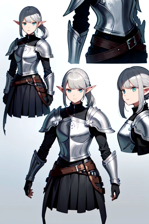 Video game character design, Drawing with Line Drawing, Multiple points of view, Best Quality,Masterpiece,hight resolution, elf, ((character concept art)), Video game character design,,illustartion,Realistic,Harmonious colours,natural lighting, grey skin, knight, dark armor hair1.3.A detailed eye, Transparent，fantasy style，extremely beautiful，High balance, natural light, leather armor, pony tail