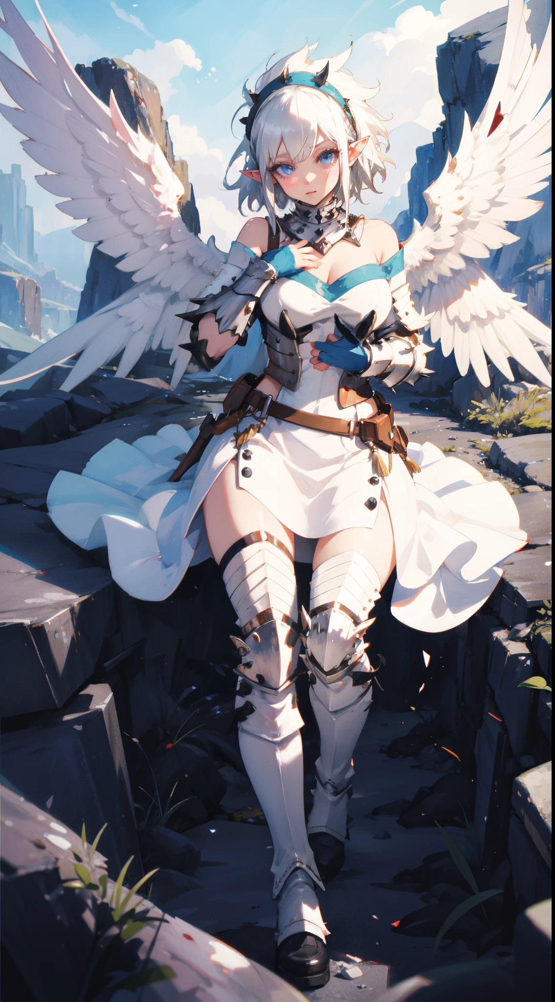 Rusticcore, contest winner, pixiv, Disgusting a white haired elf woman with wings and jewels on her head and chest, wearing a white dress with silver wings and a silver collar, (Charlie Bowater:0.158) , (Artgerm:0.073) , (a character portrait:0.265) , (whitegloveantasy art:0.457) and Seaweed, extremely beautiful, Analytical Art, 8K, best quality, DayGlo orange dust particles, dslr, anaglyph effect, BREAK,  (masterpiece, top quality, best quality, official art, beautiful and aesthetic:1.2),  eyelashes, makeup, blue eyes, eyeshadow, pink eyeshadow, extreme detailed, highest detailed, BREAK, ((White barioth armor))，big breast, long black glovelack pantyhoses with white boots，