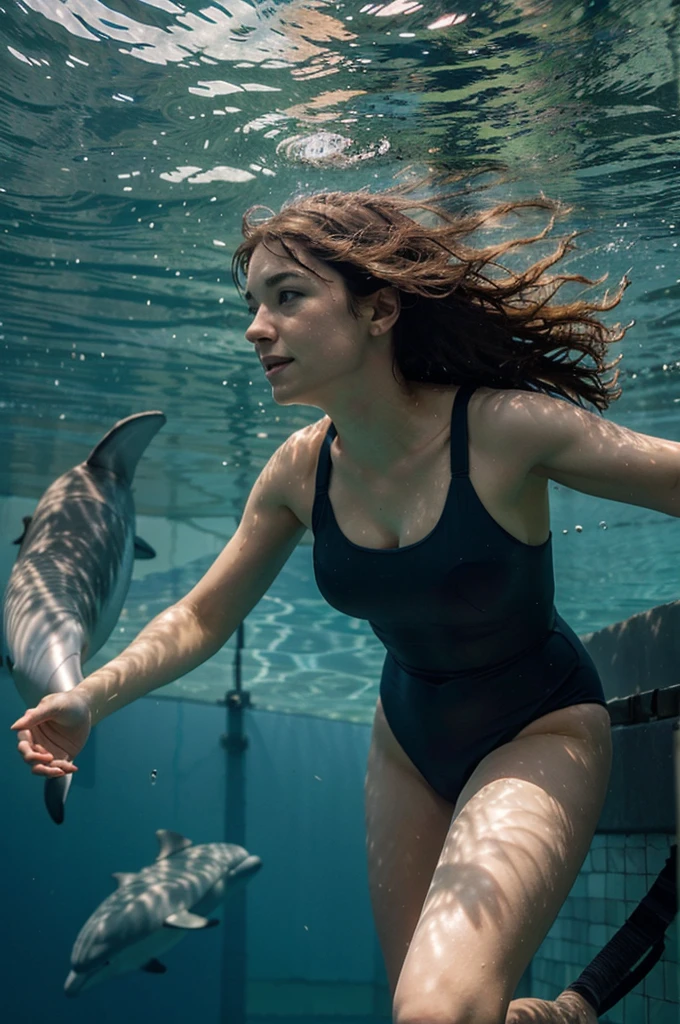 woman swimming underwater, playing with dolphins in the ocean