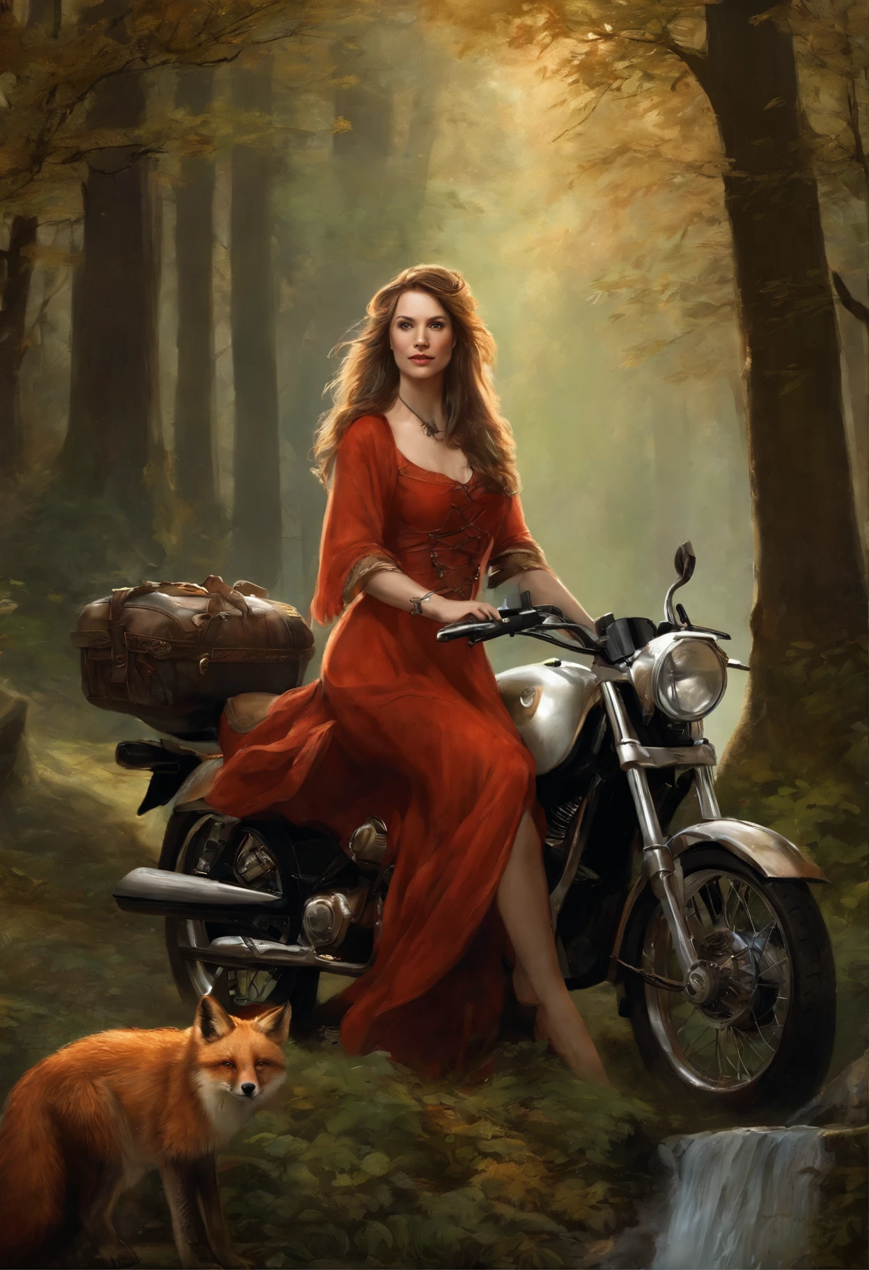 真实感, dark fantasy style, John Tolkien style, Small painting by Jean-Baptiste Monge, Arafedka in a red dress and a fox in the forest, graphic artist magali villeneuve, a beautiful fox lady, inspired by Magali Villeneuve, magali villeneuve', fantasy paladin woman, aly fell and artgerm, by Cynthia Sheppard, fantasy character art, Female anthropomorphic wolf, Goddess of Autumn , Standing next to a motorcycle, The city, megalopolis, city trail, big house, glass skyscraper, Jean-Baptiste Monge, anthropomorphic --ar 2:3 --testp -optimistic;