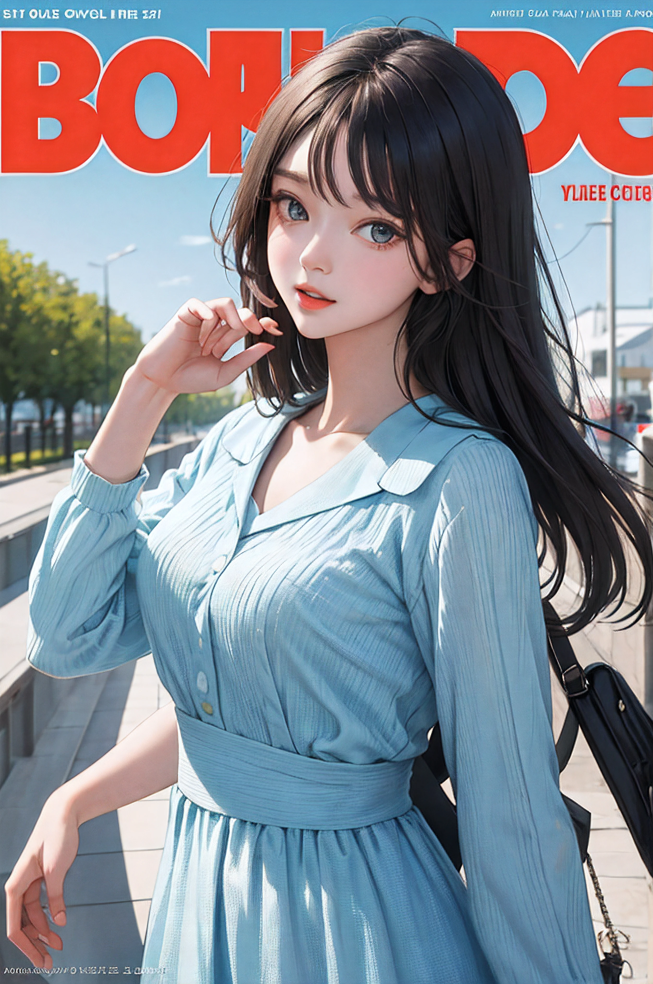 masterpiece, best quality, spring outfit, colorful hair, outdoor, magazine cover ,upper body,