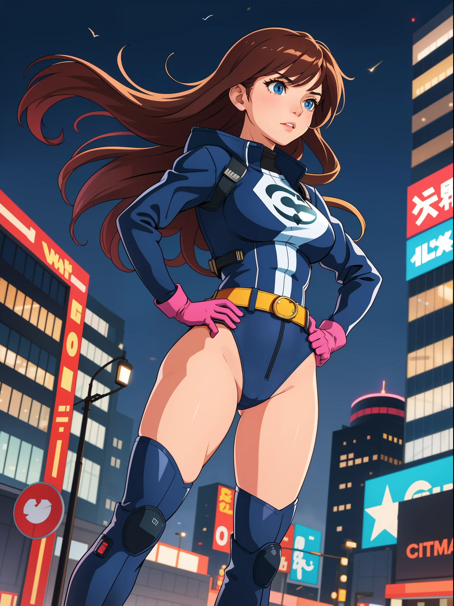 1girl, medium breasts, leotard, bare legs, tight belt, boots, gloves, city backdrop, solo, single, hands on hip, standing, energy emitting from her body, full body shot, cowboy shot, superhero, beautiful detailed eyes, power, mature lady