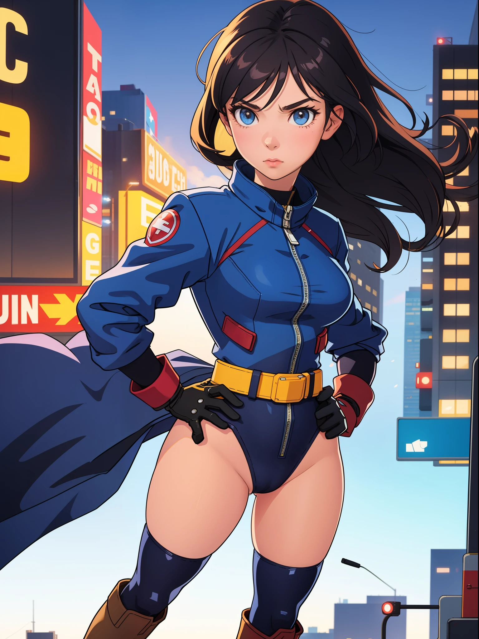 1girl, medium breasts, leotard, bare legs, tight belt, boots, gloves, city backdrop, solo, single, hands on hip, standing, energy emitting from her body, full body shot, cowboy shot, superhero, beautiful detailed eyes, power, mature lady