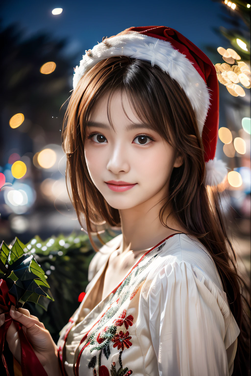 (masutepiece:1.3), (8K), (Best Quality:1.4), (nffsw:1.2), (Photorealistic:1.3), (Raw photography), (1girl in), (ultra high detailed), (Detailed face), Very perfect beautiful and cute face, Slim Face, (detailed hairs), Beautiful hair, Bangs, (Symmetrical eyes:1.3), (Detailed eyes), (Detailed skin), Realistic skin texture, Ultra high definition, (medium breasts), (slim figure), (Supermodel Figures), Gentle smile:1.2, (Very beautiful and cute young girl with a Japan with a gentle look), 

(wearing a christmas santa costume:1.3, intricate christmas embroidery short dress:1.3, santa hat, Inspired by Versace), 
Christmas tree, Christmas Decorations, (In the illuminated party room), (upperbody shot), Turn your whole body forward, (embroidery close up)