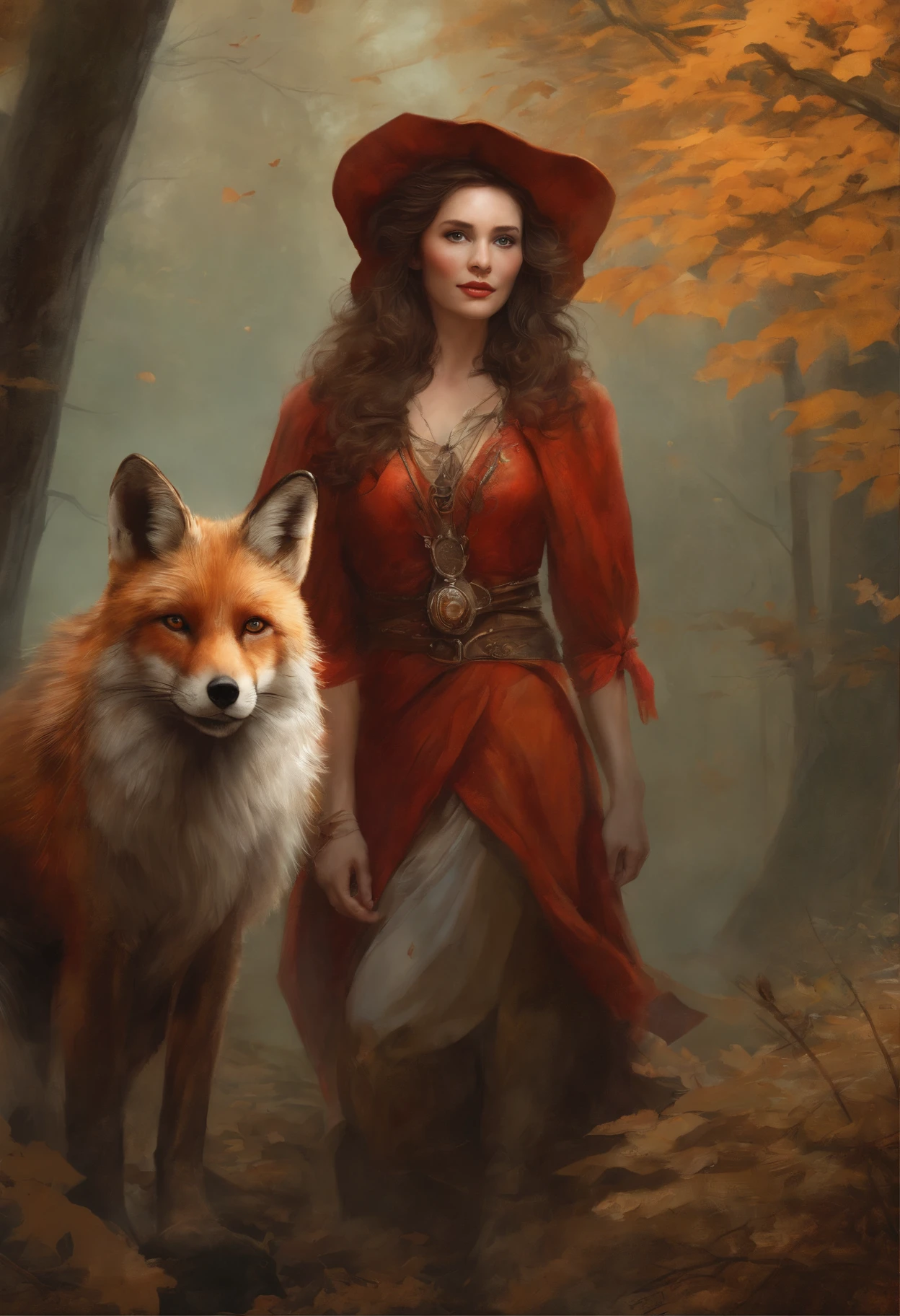 真实感, dark fantasy style, John Tolkien style, Small painting by Jean-Baptiste Monge, Arafedka in a red dress and a fox in the forest, graphic artist magali villeneuve, a beautiful fox lady, inspired by Magali Villeneuve, magali villeneuve', fantasy paladin woman, aly fell and artgerm, by Cynthia Sheppard, fantasy character art, Female anthropomorphic wolf, Goddess of Autumn , Standing next to a motorcycle, The city, megalopolis, city trail, big house, glass skyscraper, Jean-Baptiste Monge, anthropomorphic --ar 2:3 --testp -optimistic;