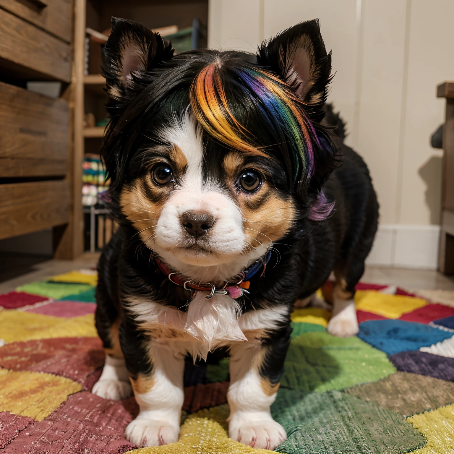 Create a chibi anime style rainbow colored puppy dog