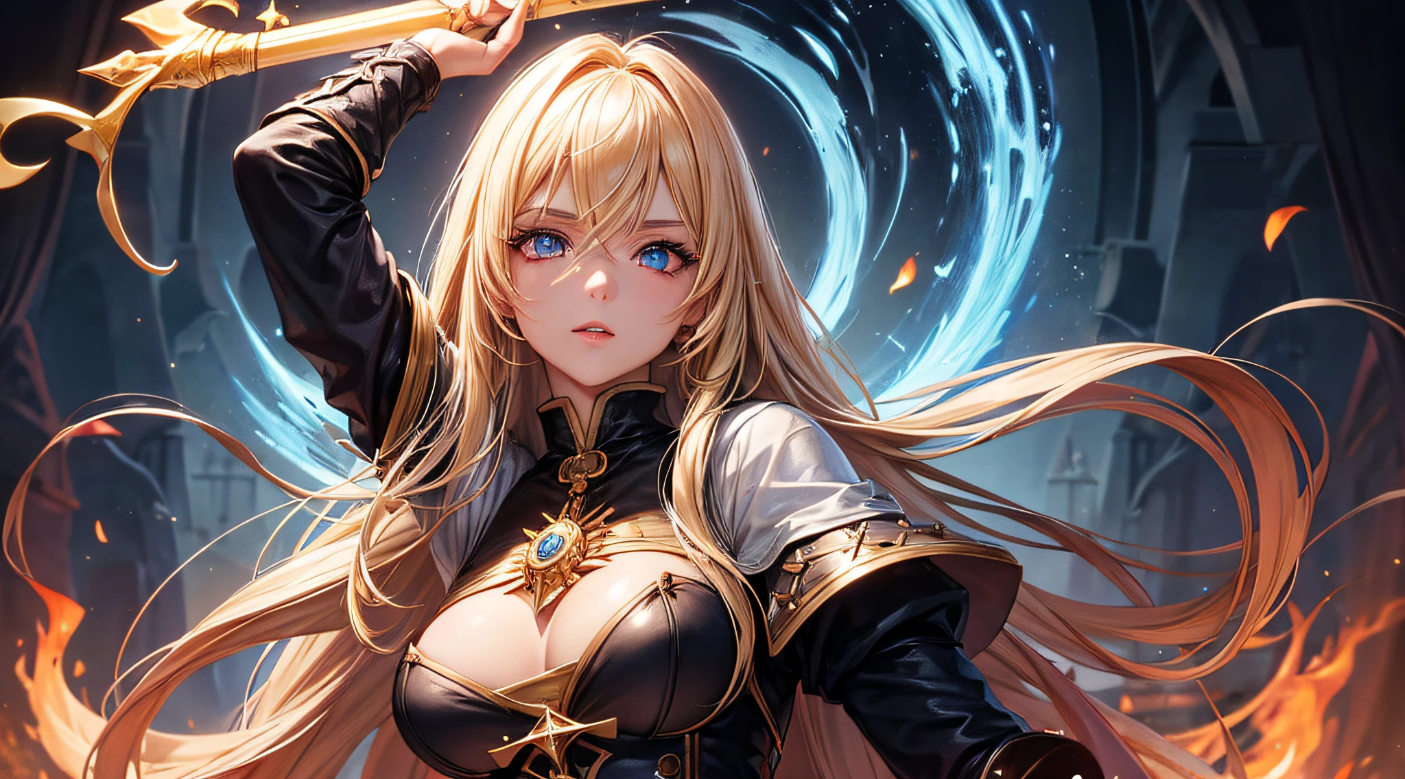 masutepiece,Best Quality,ultra-detailliert,1 female magician,upperbody shot,fire magic wand,Blonde hair,Long hair,Blue Eye,Straight hair,look at viewr,Dark Souls,radiant lips