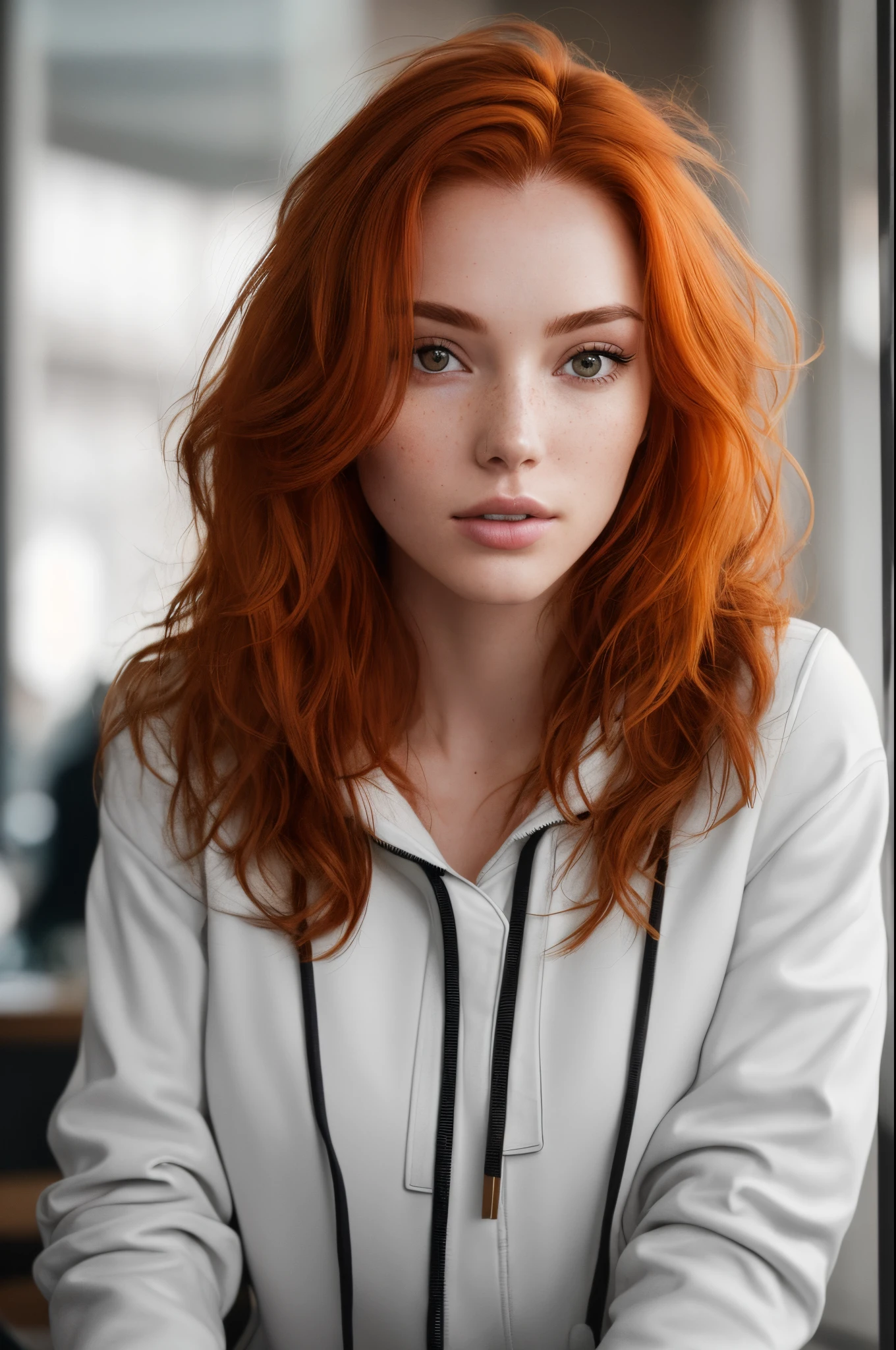 a photo of a seductive woman with loose styled (redhead hair:1.1), enjoyed, in cafe, she is wearing a hoodie and white leather jacket and leggings, no makeup, natural face, (textured skin, skin pores:1.1), (moles:0.8), imperfect skin, goosebumps, flawless face, (light freckles:0.9), (sun-kissed:1.1), ((photorealistic):1.1), (raw, 8k:1.3),