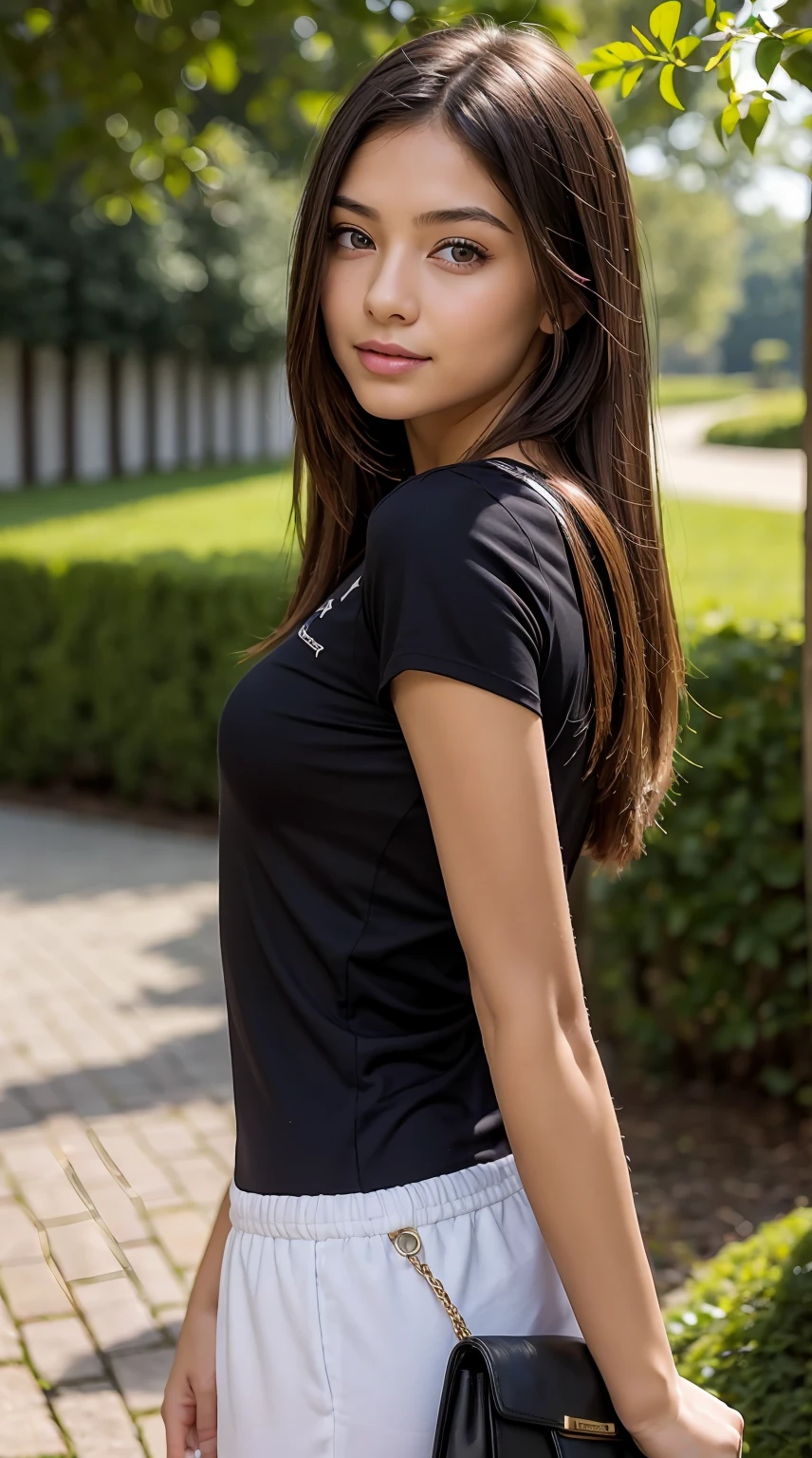 Meisterwerk, Atemberaubend realistisch, best quality, Sharpness,Scharfes Gesicht,fotorealistisch, Fotorealismus, 女の子1人,13 Jahre alt,Brown hair,black eyes,Stehen in einem Garten,arms behind back,full entire body,rosa Hemd,rosa Hose